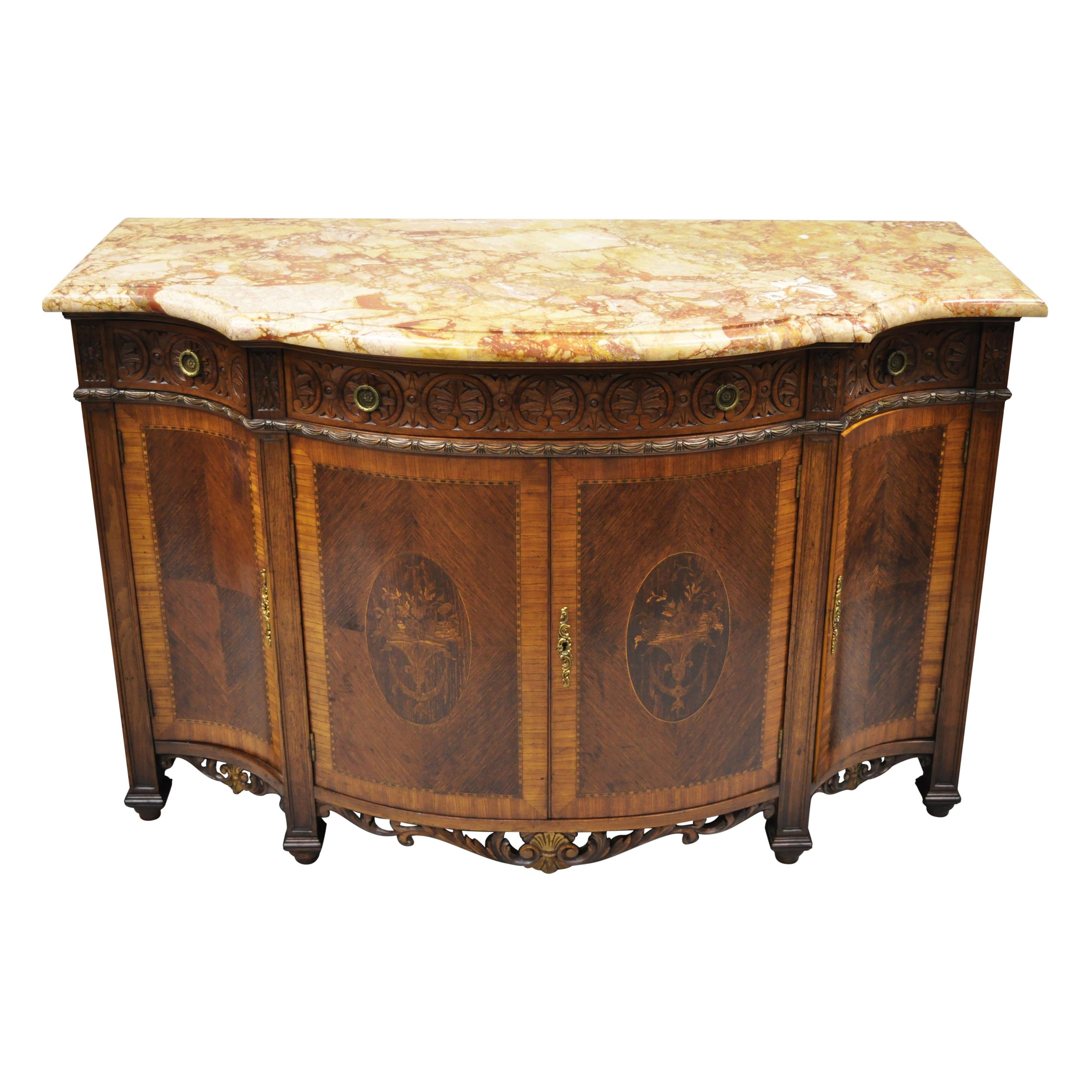 French Renaissance Louis XV Marble Top Marquetry Inlay Serpentine Buffet Commode