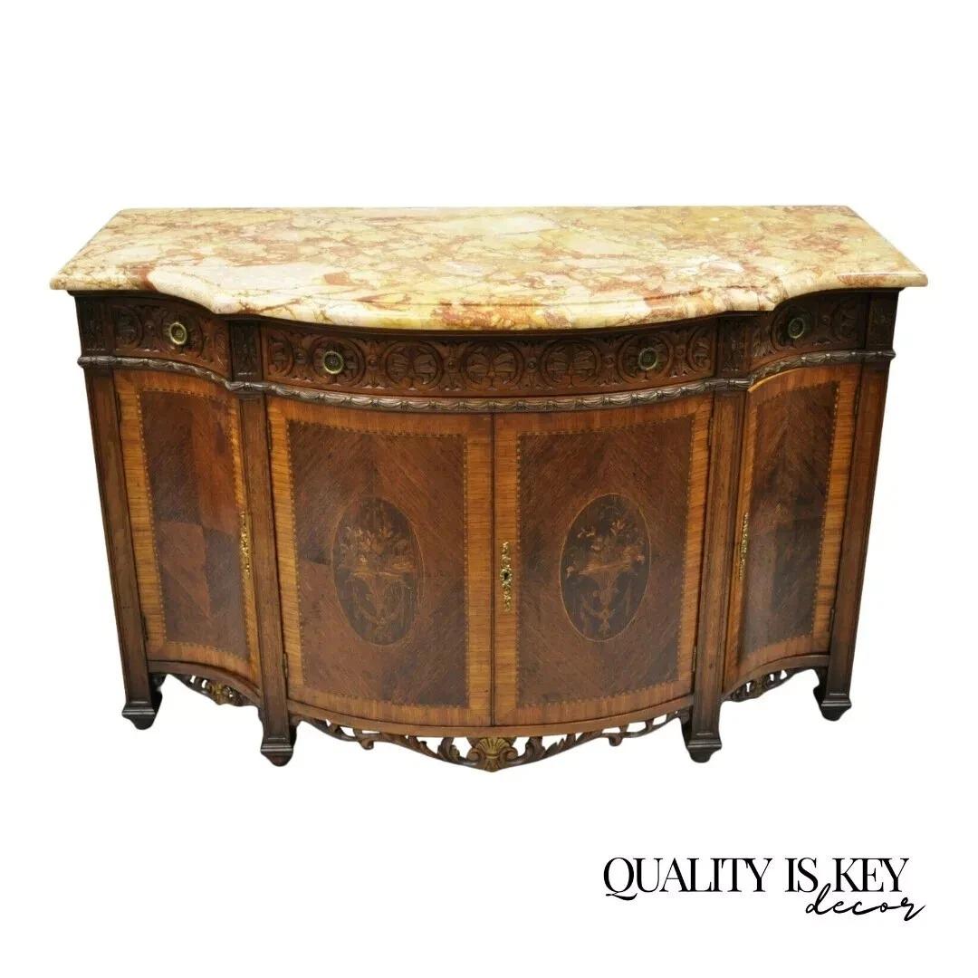 French Renaissance Louis XV Marble Top Marquetry Inlay Sideboard Buffet Commode For Sale