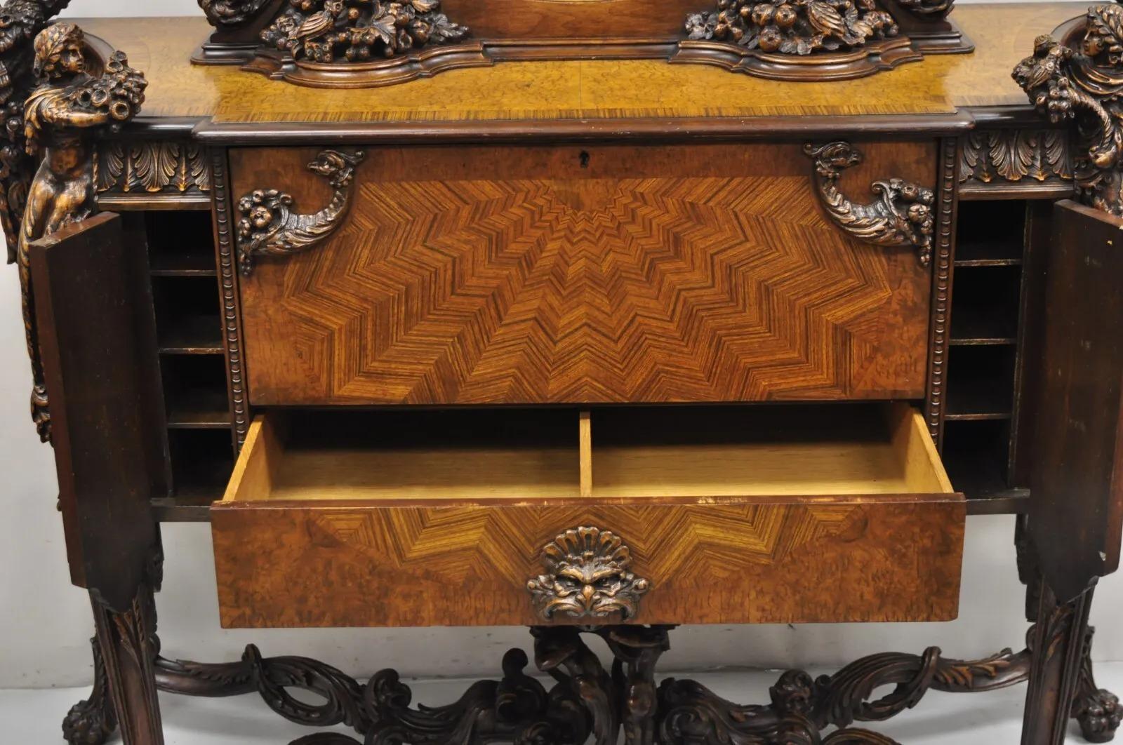 French Renaissance Louis XV Style Figural Carved Walnut Curio Display Buffet For Sale 9