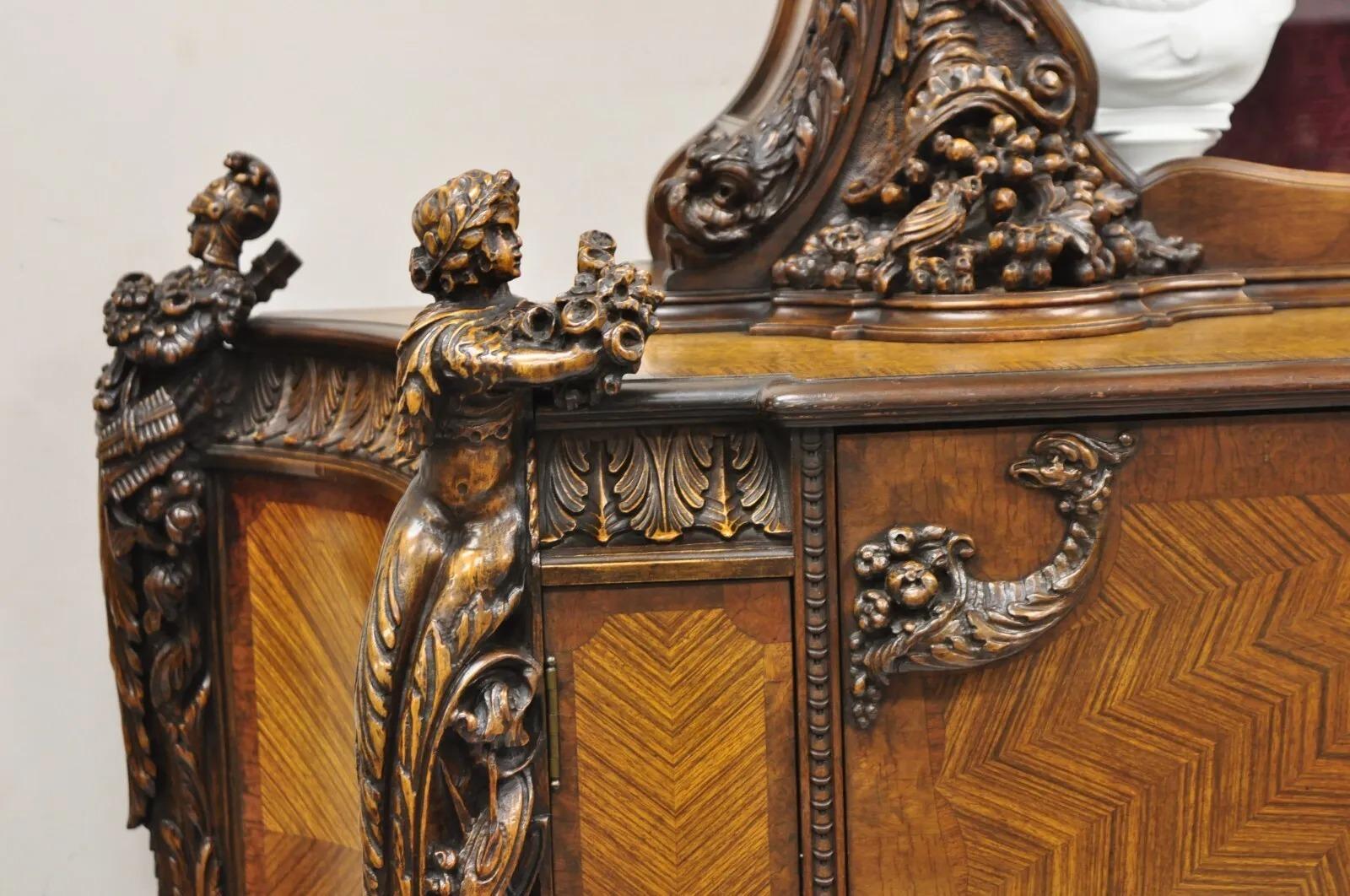 French Renaissance Louis XV Style Figural Carved Walnut Curio Display Buffet In Good Condition For Sale In Philadelphia, PA