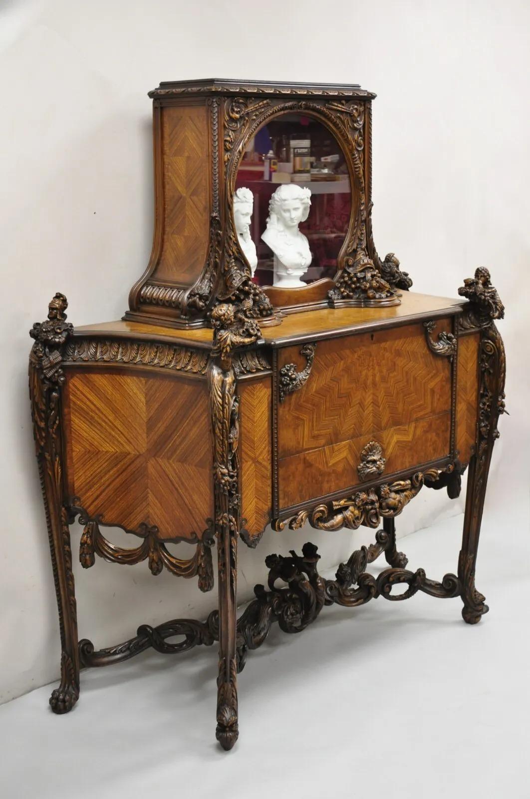 Early 20th Century French Renaissance Louis XV Style Figural Carved Walnut Curio Display Buffet For Sale