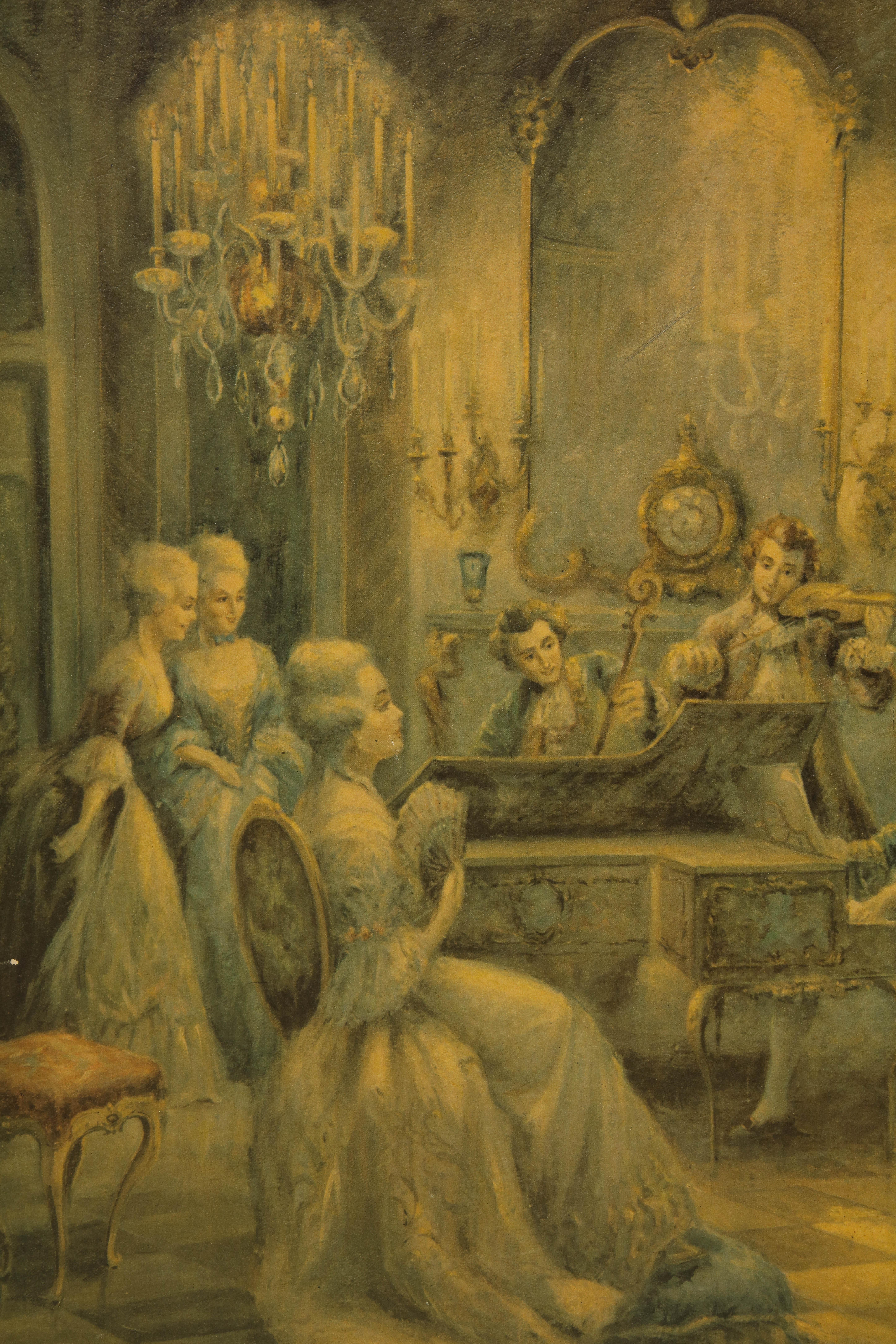 French Renaissance music scene painting in gilded frame.