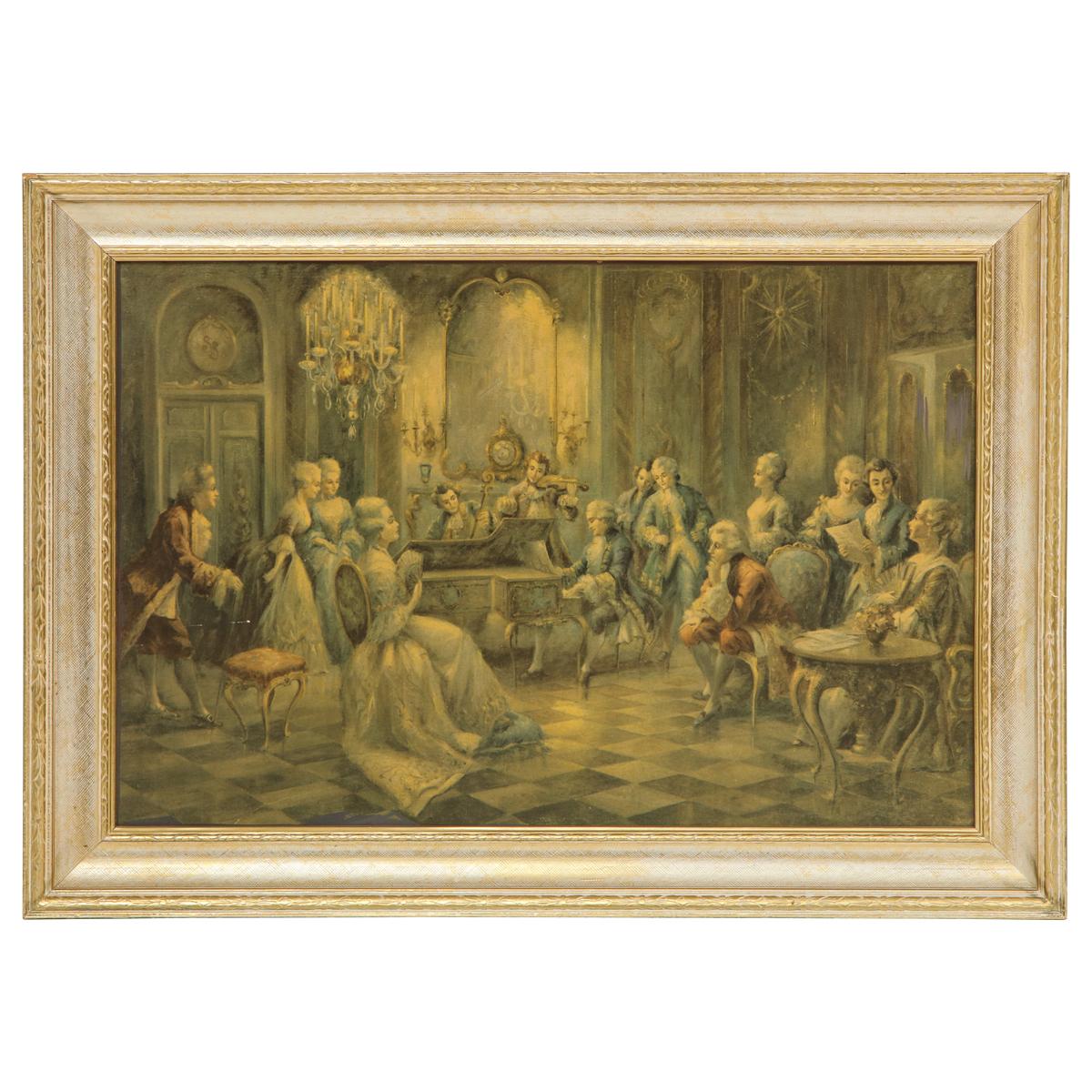 French Renaissance Music Scene Painting in Gilded Frame For Sale