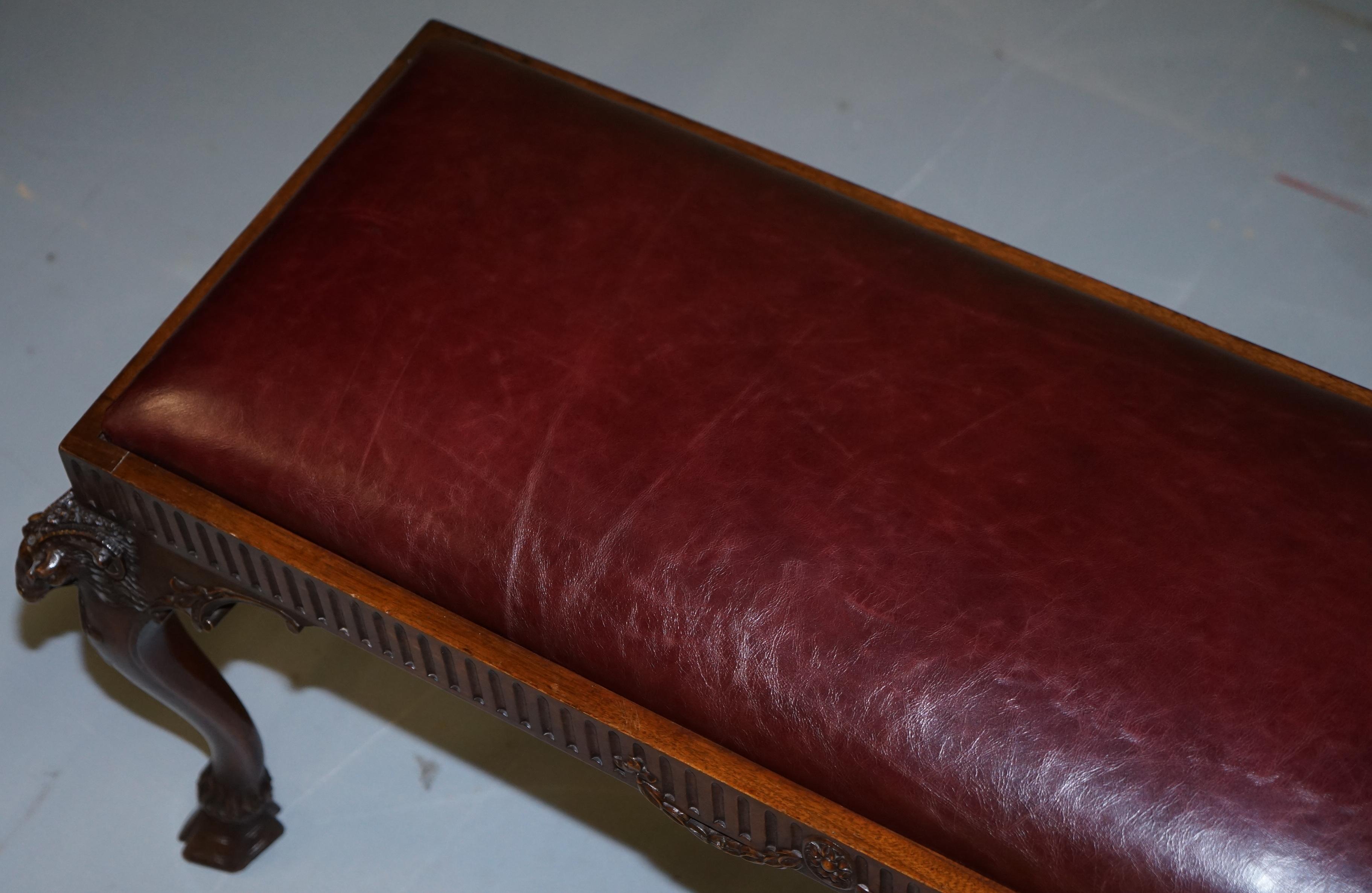 Leather French Renaissance Revival 19th Century Rams Head Carved Bench Stool Window Seat