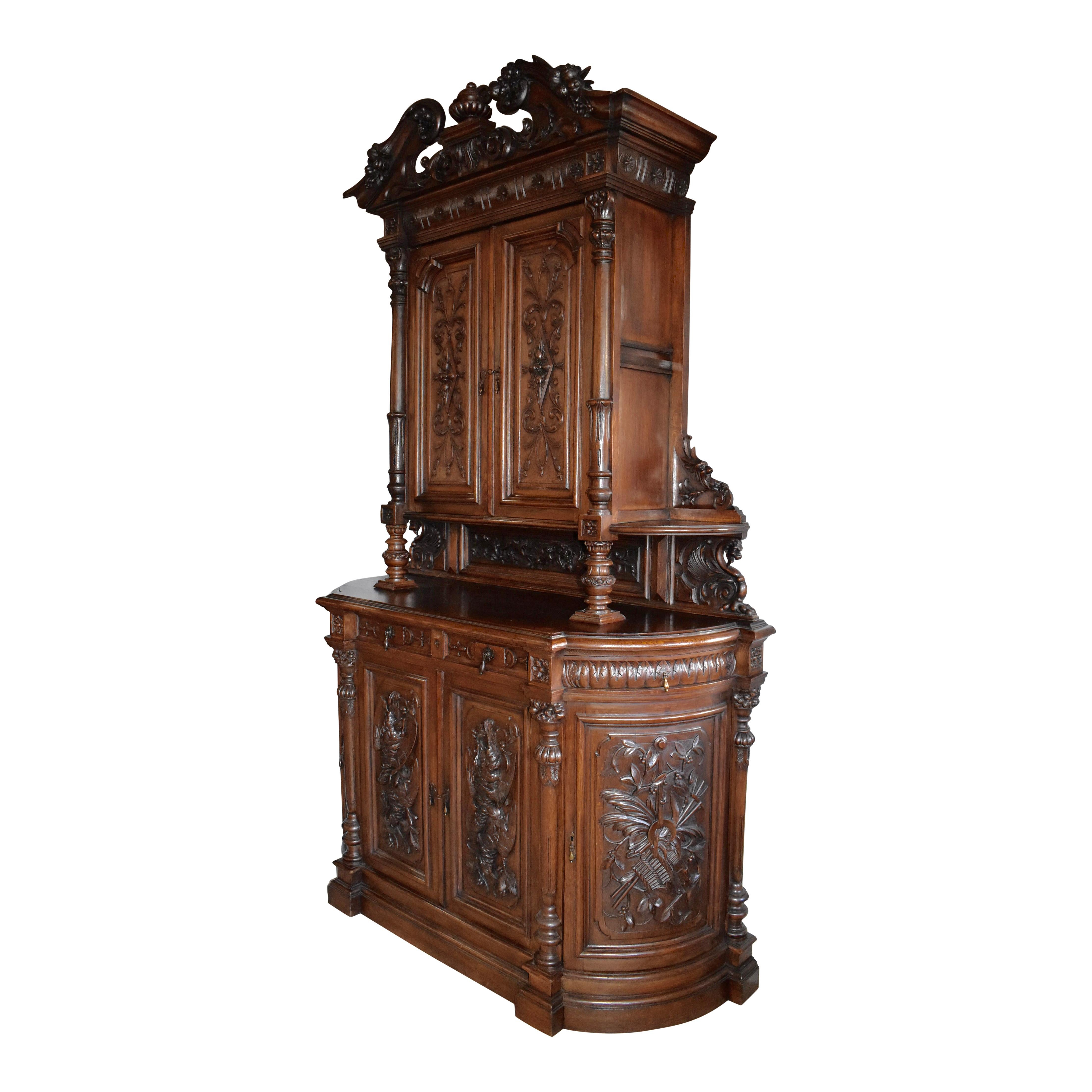 19th Century French Renaissance Revival Carved Hunt Cabinet For Sale