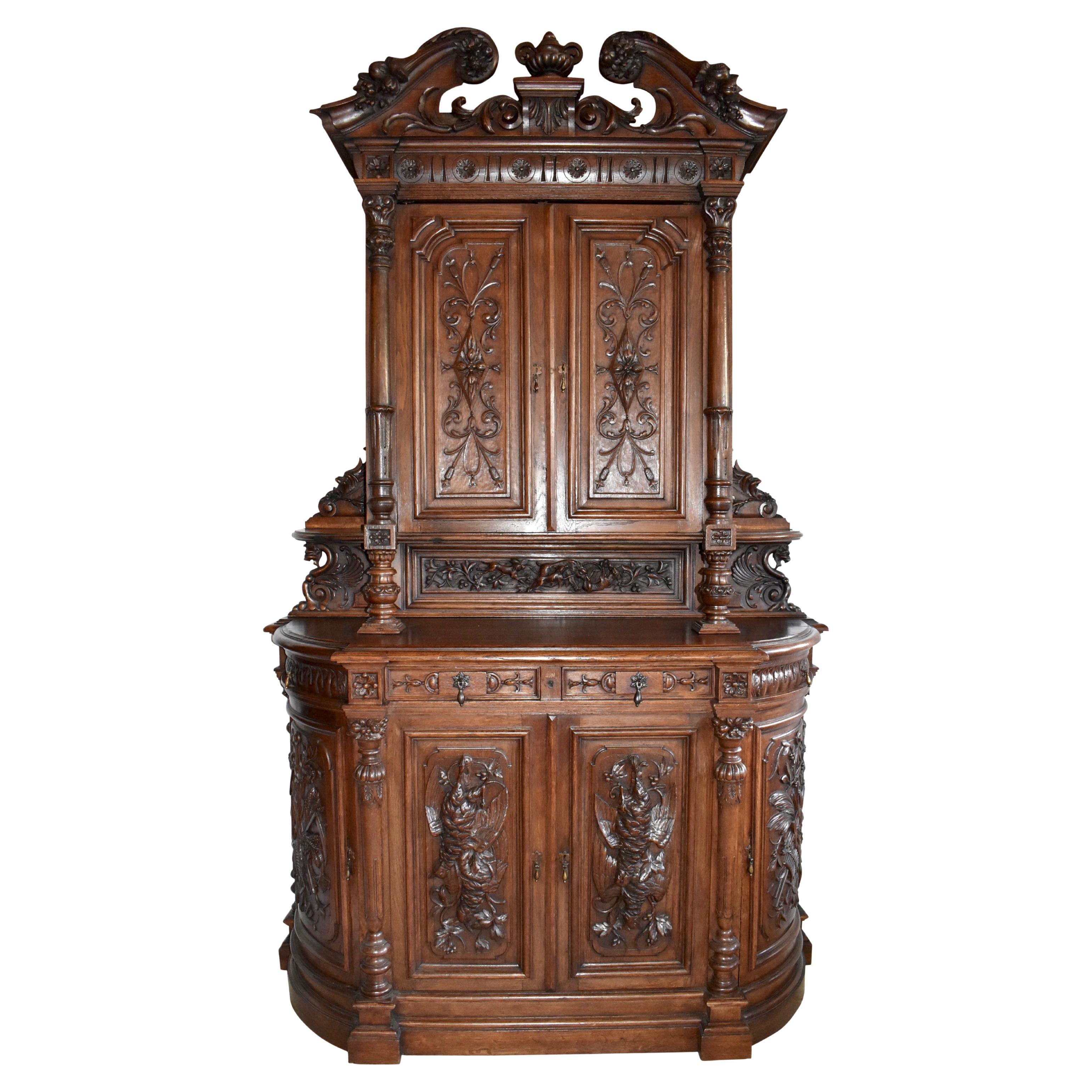 French Renaissance Revival Carved Hunt Cabinet For Sale