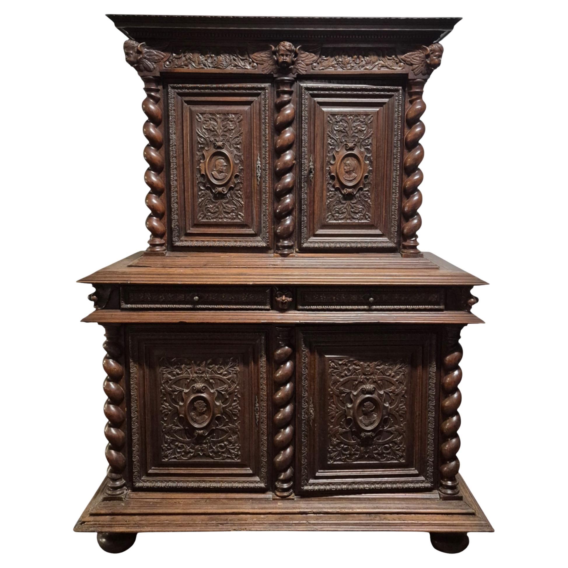 French Renaissance Revival Carved Oak Buffet à Deux Corps, 19 Century For Sale