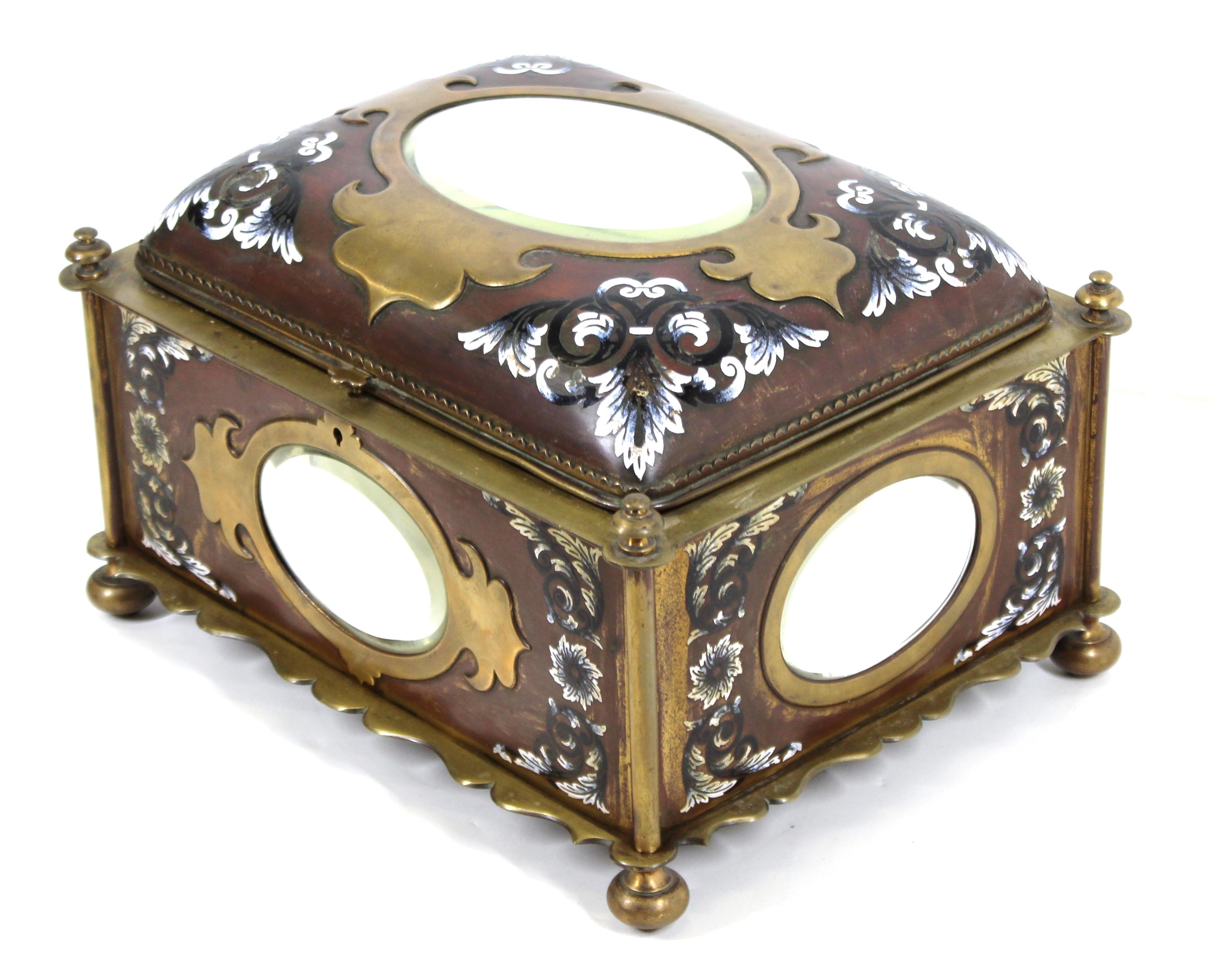 French Renaissance Revival Champleve Enamel Jewelry Box with Oval Mirror Inserts In Good Condition For Sale In New York, NY