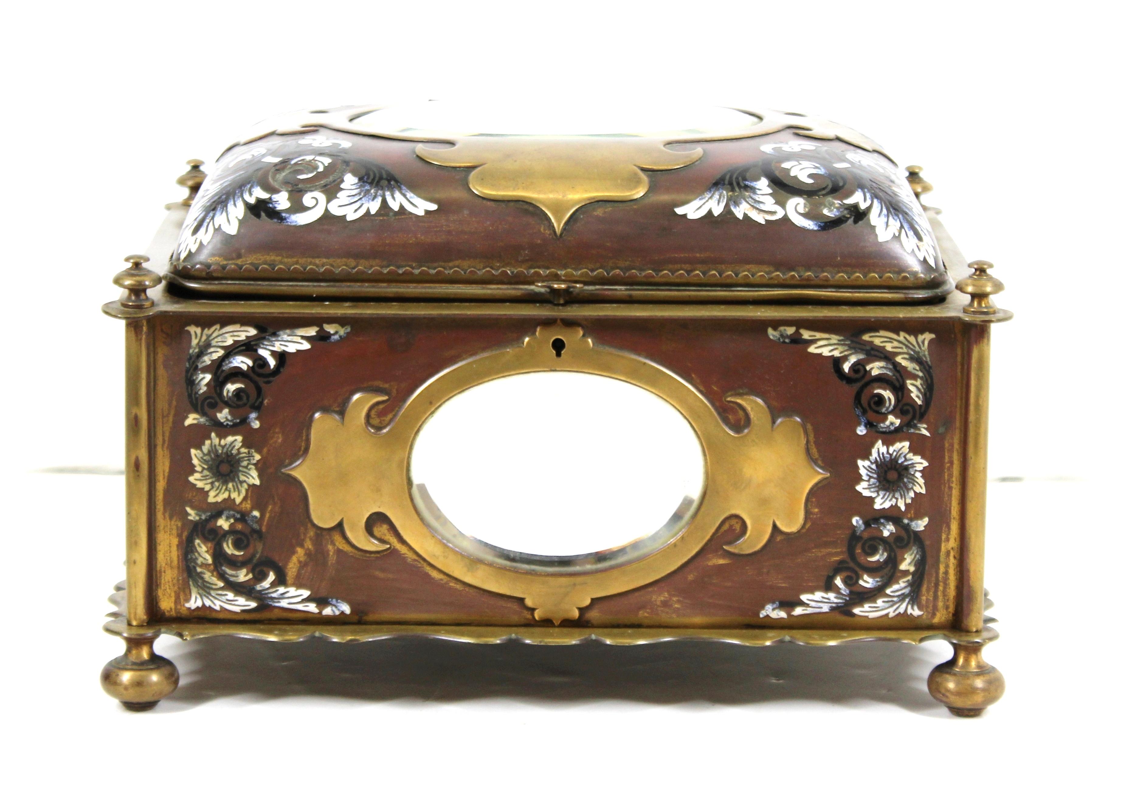 Bronze French Renaissance Revival Champleve Enamel Jewelry Box with Oval Mirror Inserts For Sale