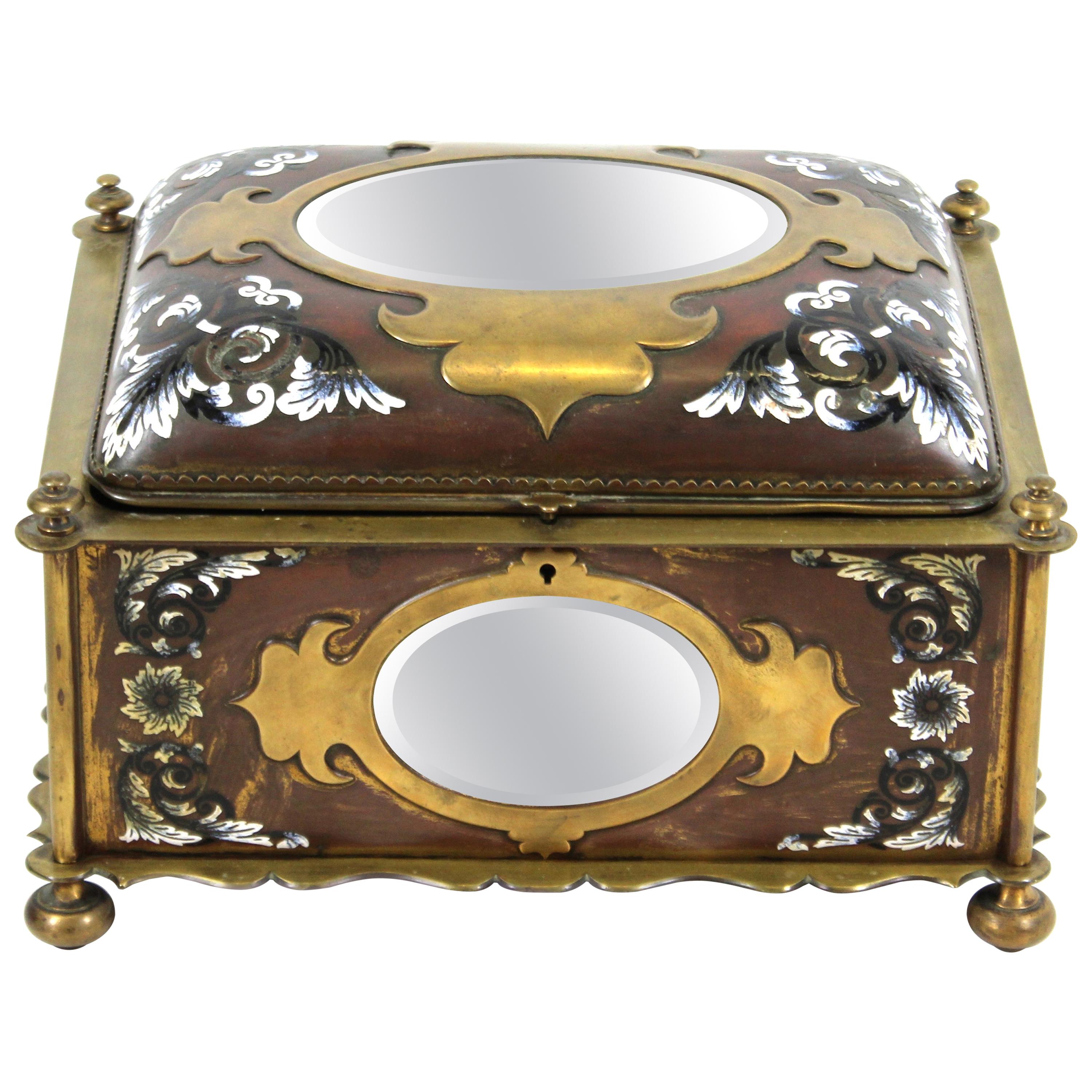French Renaissance Revival Champleve Enamel Jewelry Box with Oval Mirror Inserts