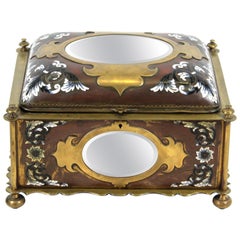 Antique French Renaissance Revival Champleve Enamel Jewelry Box with Oval Mirror Inserts