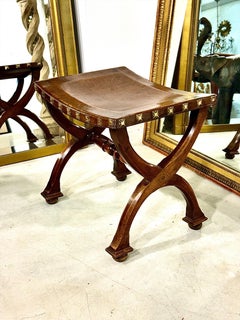 French Renaissance Revival Curule Stool in Beech Wood and Leather, circa 1890