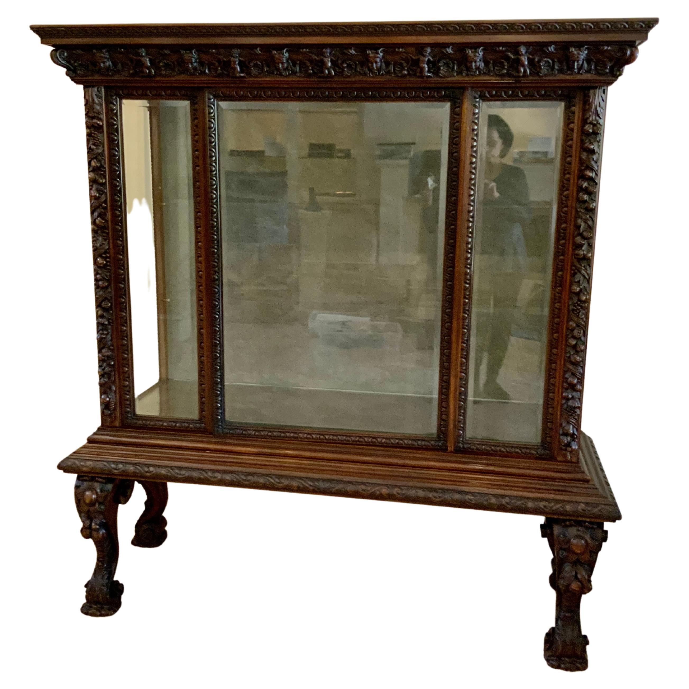 French Renaissance Revival Display Cabinet / Bookcase/Vitrine Walnut Carved Case