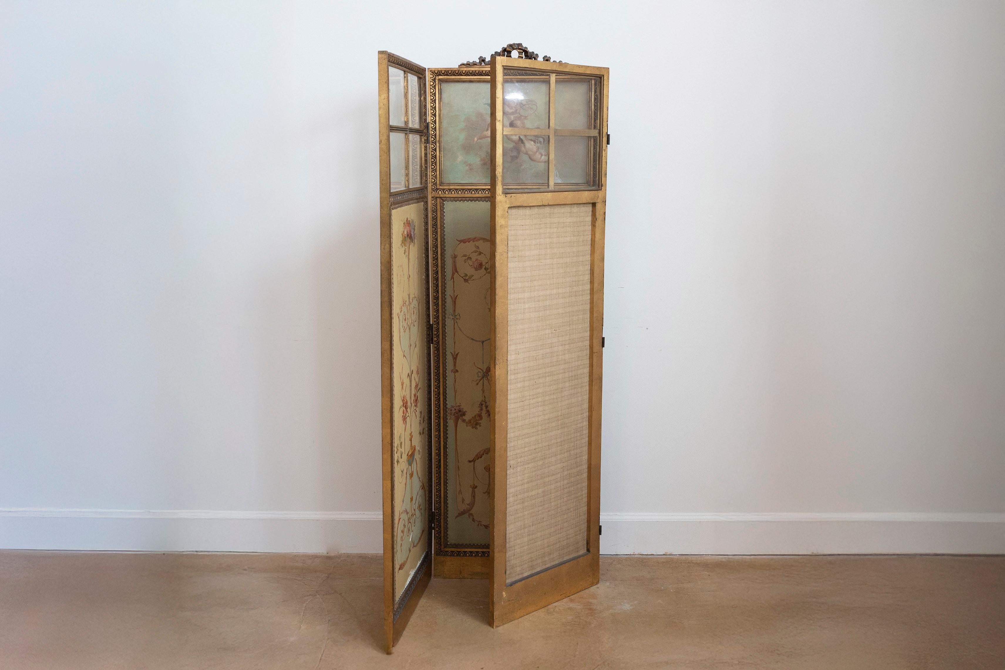 French Renaissance Revival Folding Three-Panel Screen with Hand-Painted Motifs In Good Condition For Sale In Atlanta, GA