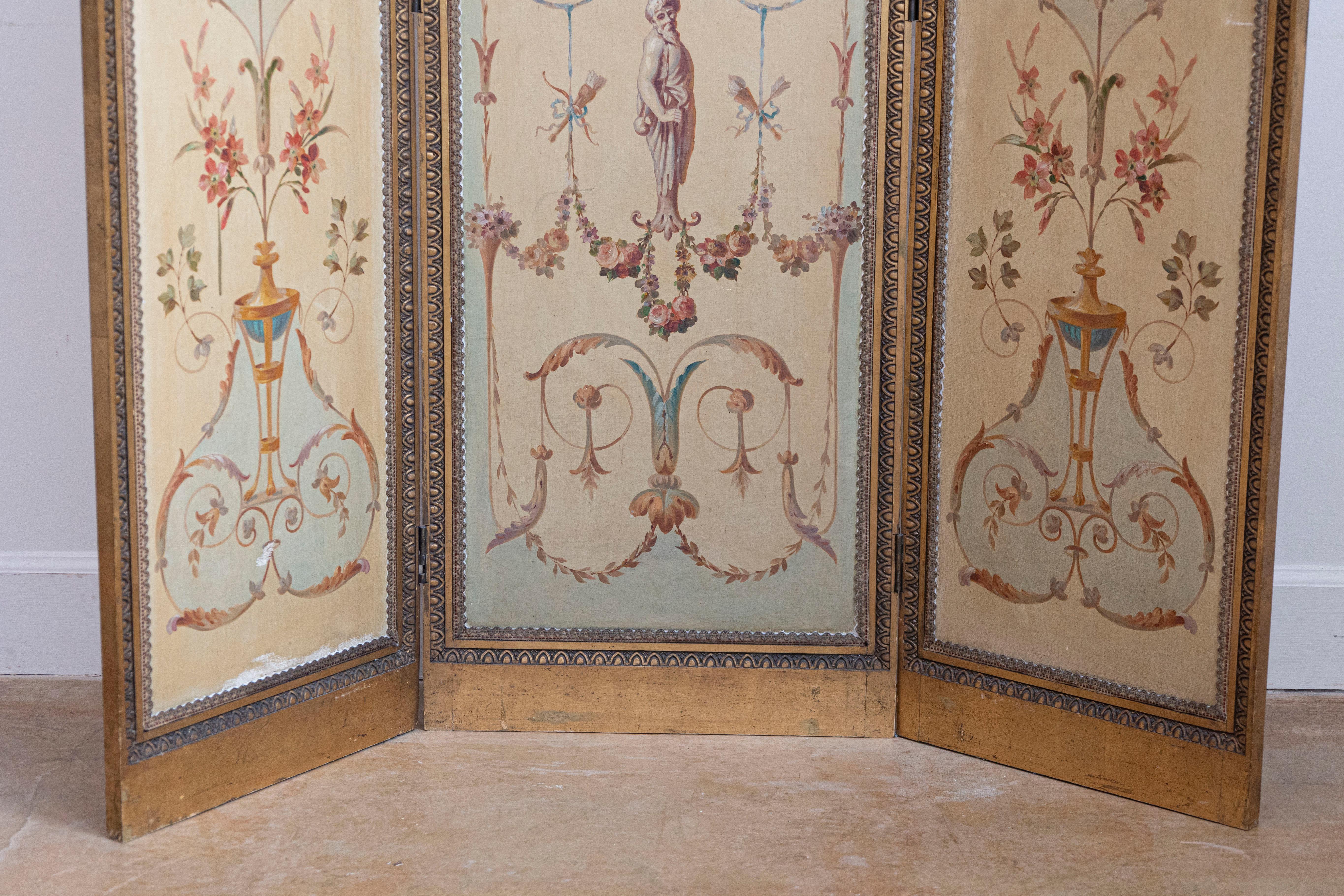 French Renaissance Revival Folding Three-Panel Screen with Hand-Painted Motifs For Sale 1