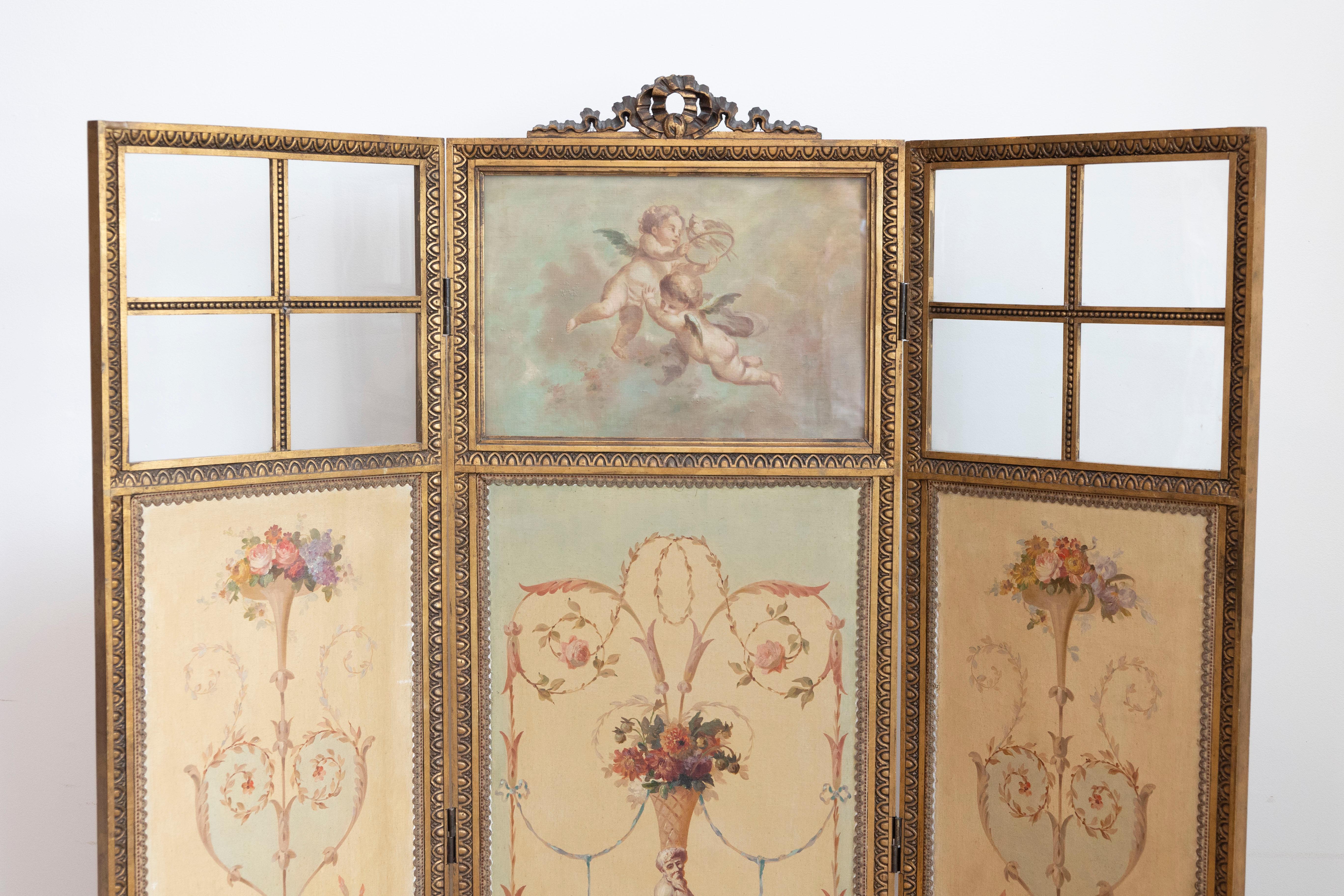 French Renaissance Revival Folding Three-Panel Screen with Hand-Painted Motifs For Sale 2
