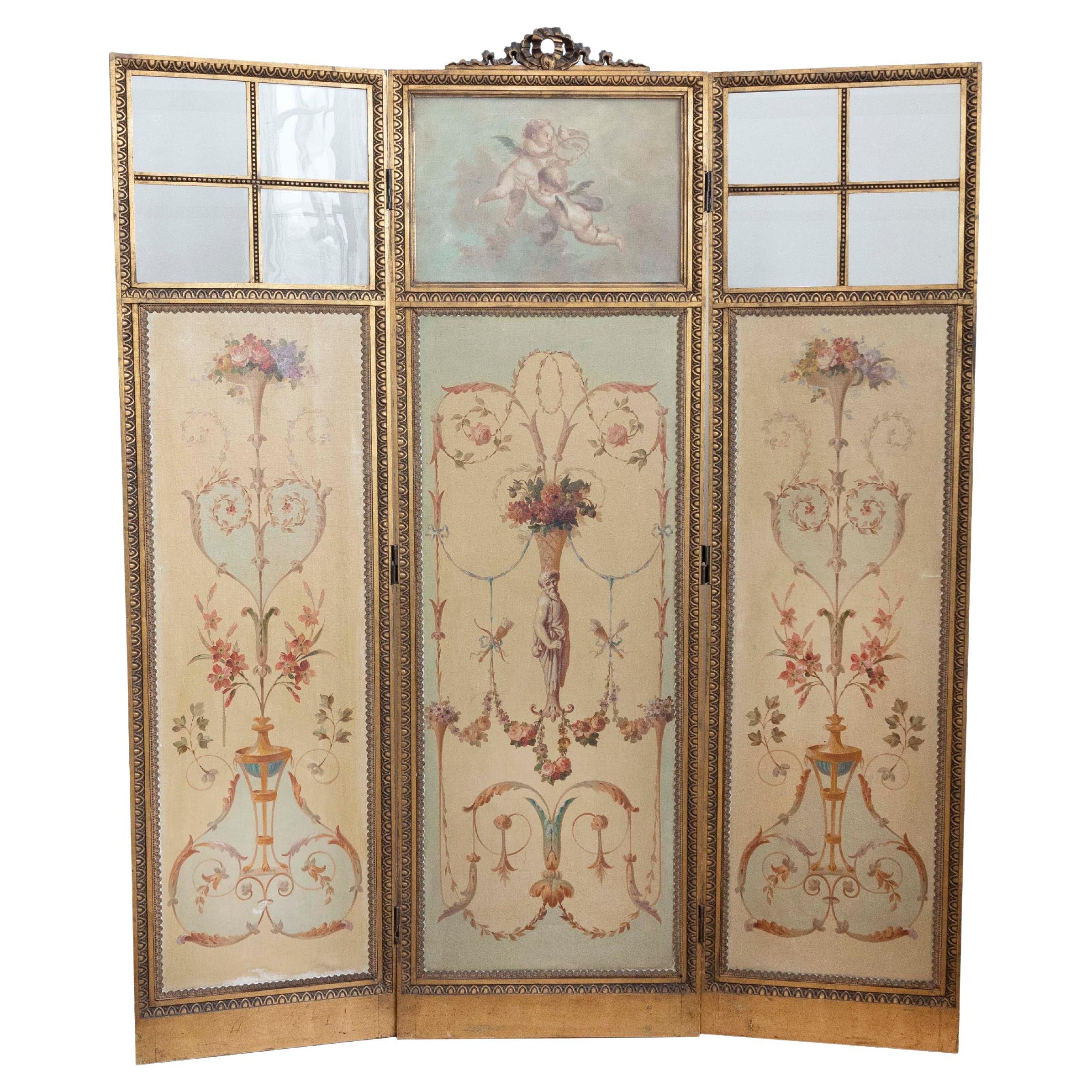 French Renaissance Revival Folding Three-Panel Screen with Hand-Painted Motifs