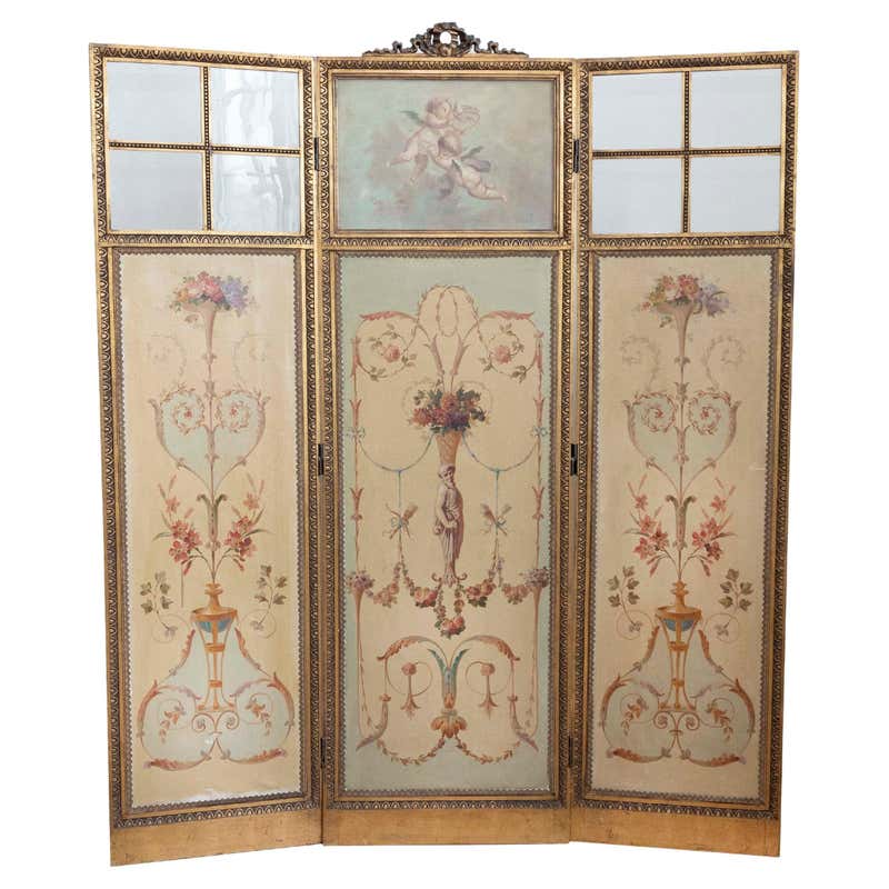 Vintage Hand Painted Three Panel French Wood Room Divider or Partition ...
