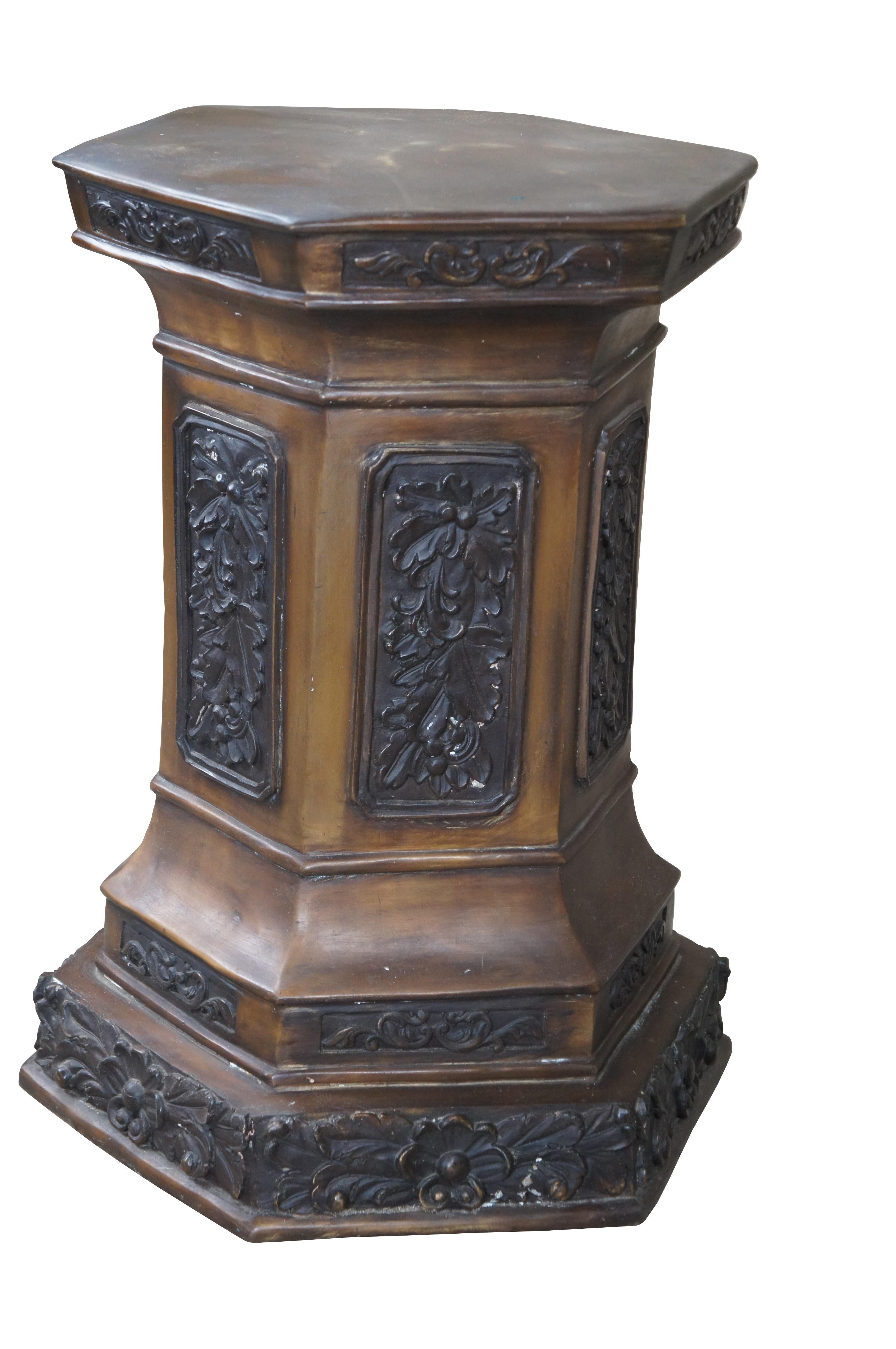 Late 20th Century Renaissance Revival pedestal, sculpture or plant stand. Features a hexagon form made from bronze with low relief foliate panels.

Dimensions:
15