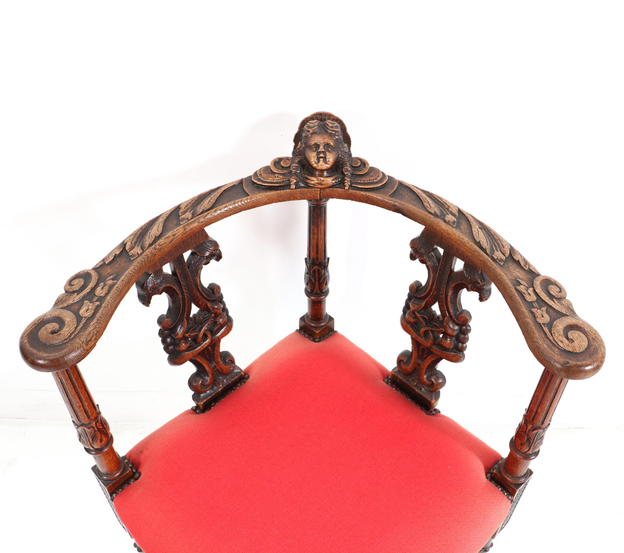 French Renaissance Revival Oak Carved Corner Armchair, 1890s For Sale 7