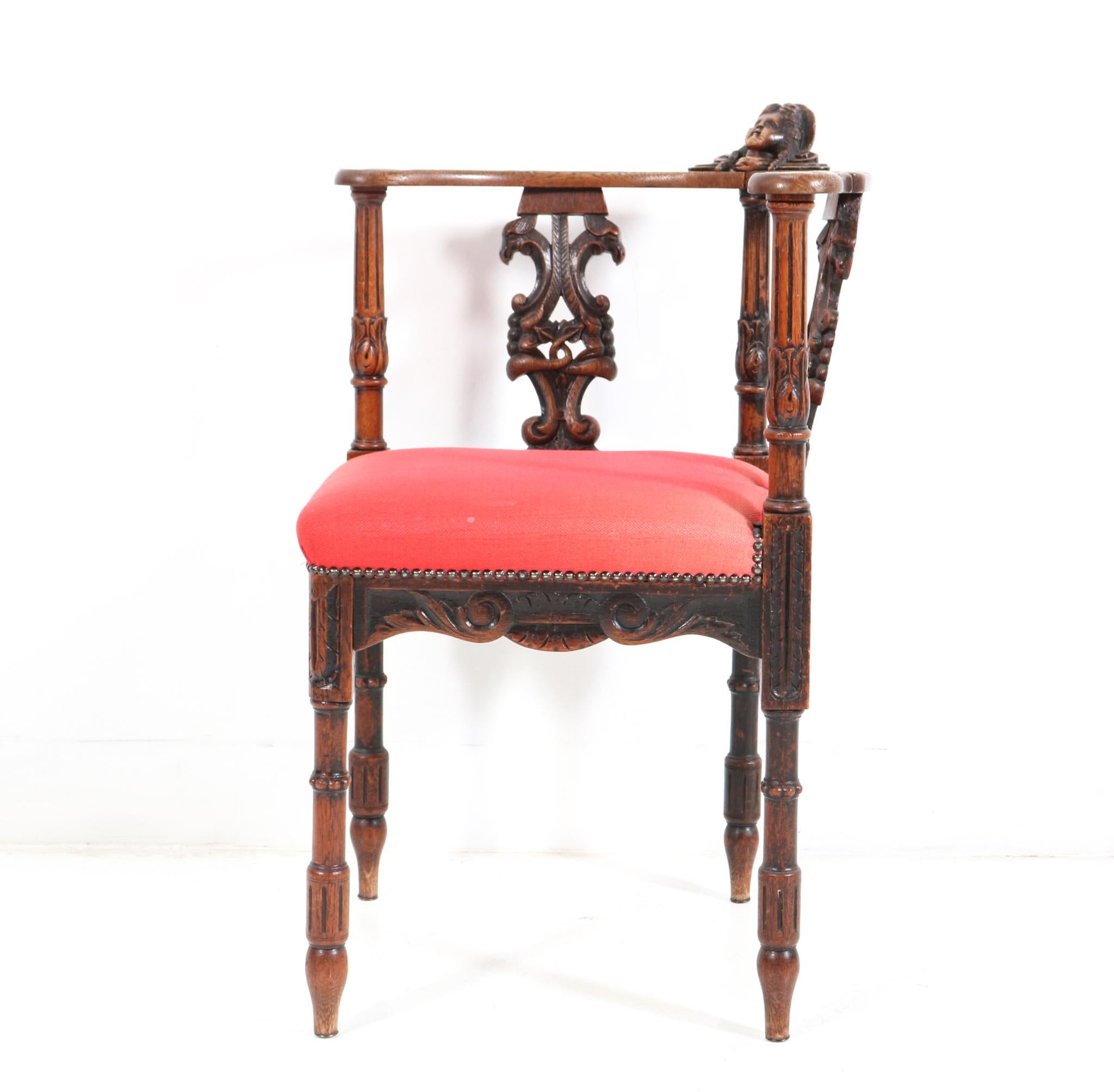 Fabric French Renaissance Revival Oak Carved Corner Armchair, 1890s For Sale