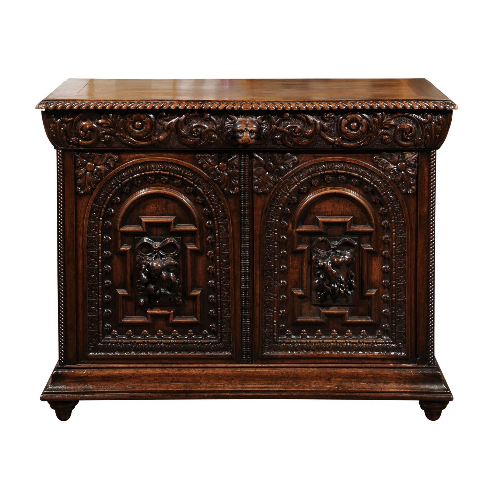 French Renaissance Revival Richly Carved Two-Door Credenza from the 1850s
