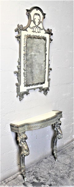 French Renaissance Revival Styled Console Table & Mirror with Brass Cherub Legs