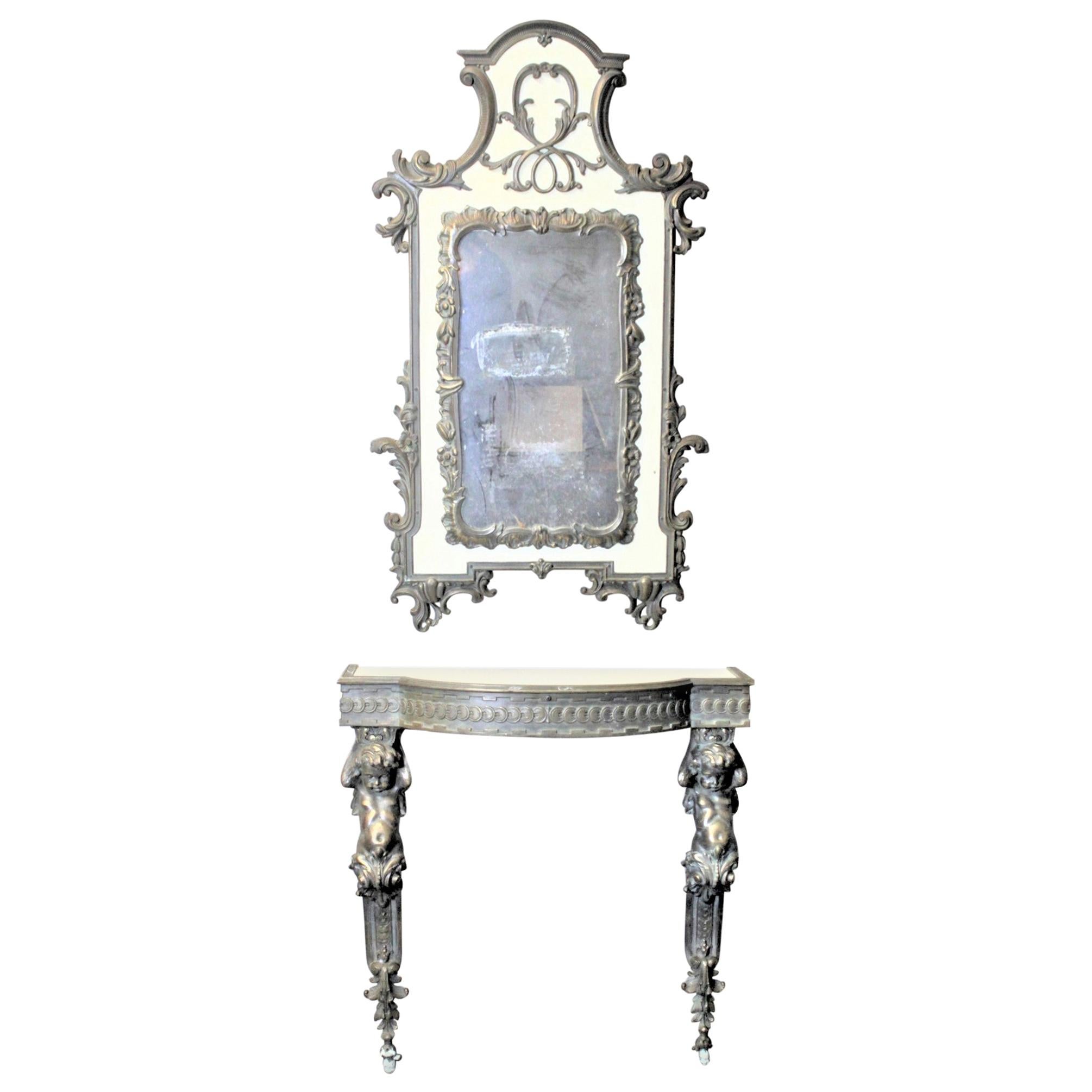 French Renaissance Revival Styled Console Table & Mirror with Brass Cherub Legs