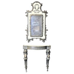 Vintage French Renaissance Revival Styled Console Table & Mirror with Brass Cherub Legs