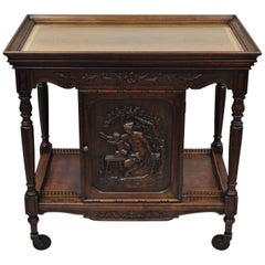 Antique French Renaissance Rosewood & Walnut Figural Carved Rolling Bar Cart Server