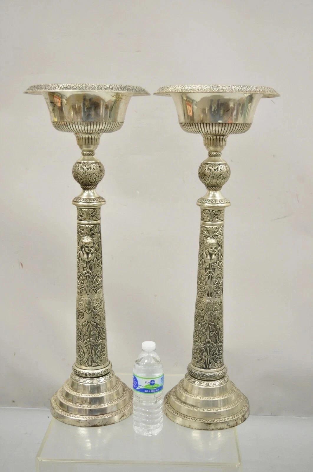 Vintage French Renaissance Style Silver Plated Tall Ornate Compote Centerpiece Dish Bowls - a Pair. Item features tall silver plated heavy metal construction, ornate floral and foliage design, cherub faces to columns, great style and form. Circa Mid