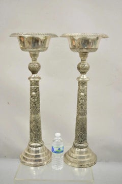 French Renaissance Silver Plated Tall Ornate Compote Centerpiece Dish Bowl Pair