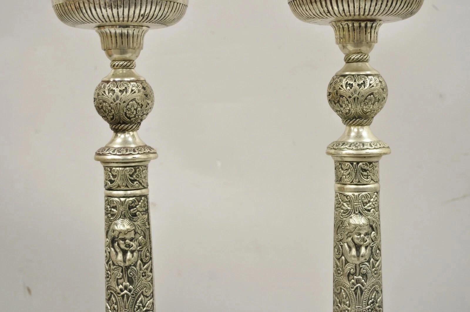 Unknown French Renaissance Silver Plated Tall Ornate Compote Centerpiece Dish Bowl Pair For Sale