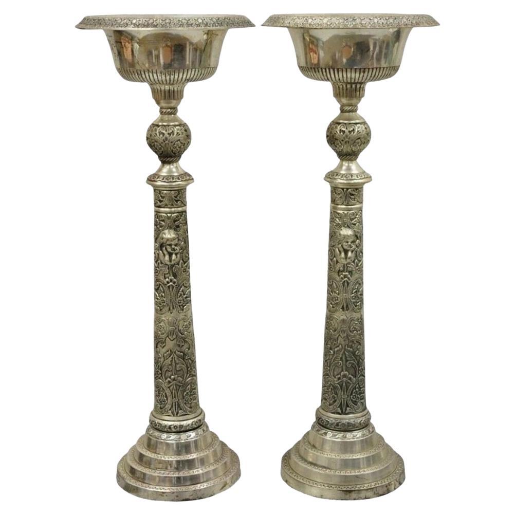 French Renaissance Silver Plated Tall Ornate Compote Centerpiece Dish Bowl Pair For Sale