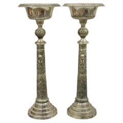 French Renaissance Silver Plated Tall Ornate Compote Centerpiece Dish Bowl Pair