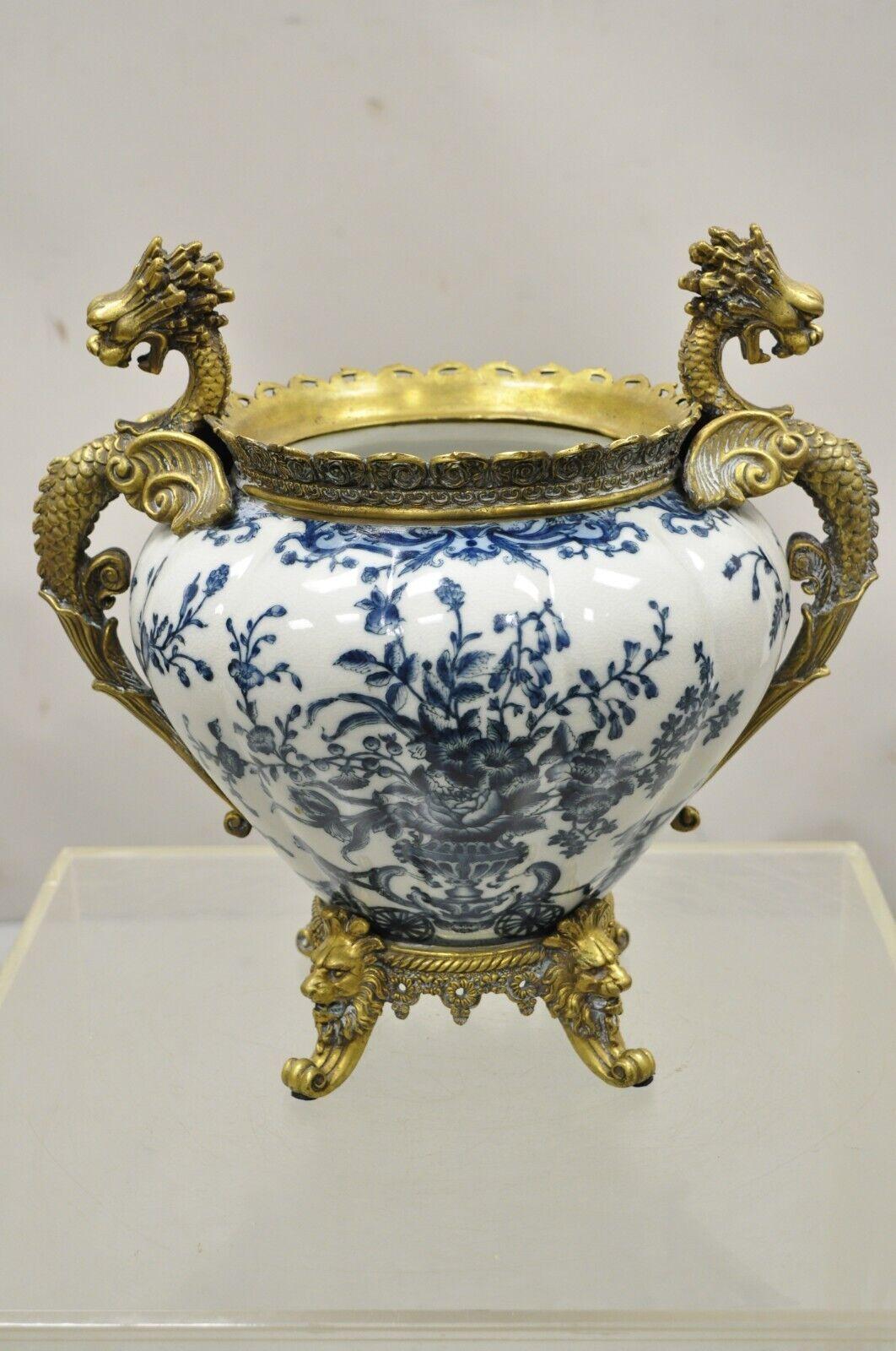 French Renaissance Style Blue and White Porcelain Planter Bronze Griffins Lions 8