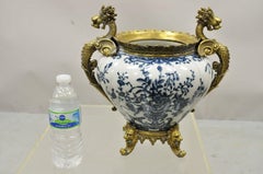 French Renaissance Style Blue and White Porcelain Planter Bronze Griffins Lions