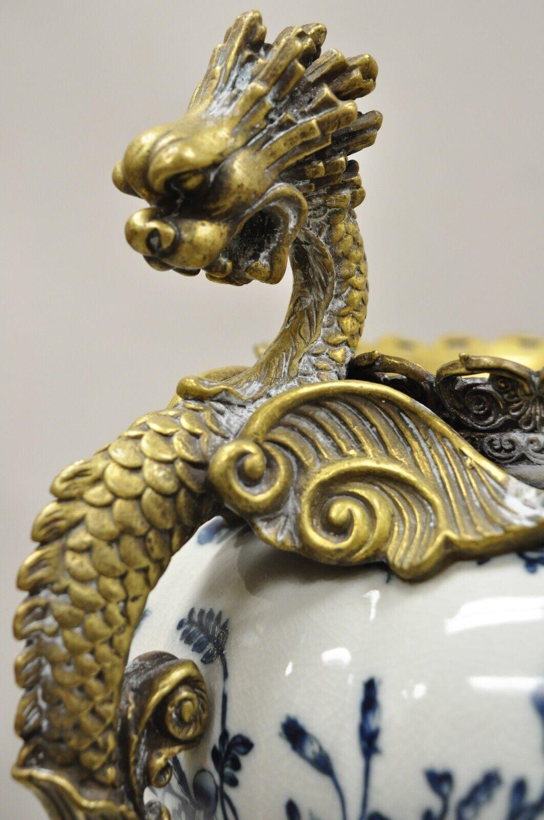 French Renaissance Style Blue and White Porcelain Planter Bronze Griffins Lions In Good Condition In Philadelphia, PA