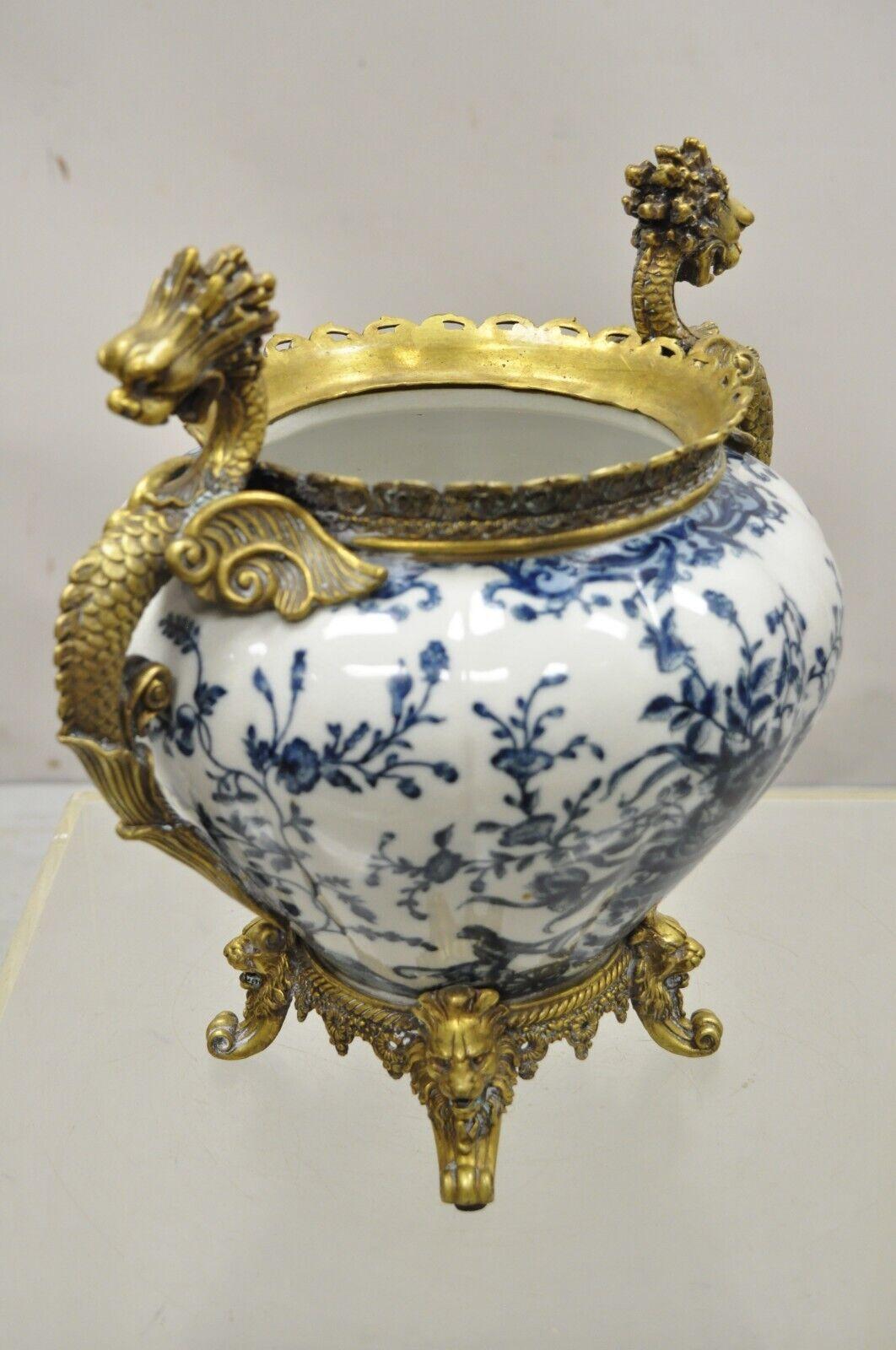 20th Century French Renaissance Style Blue and White Porcelain Planter Bronze Griffins Lions