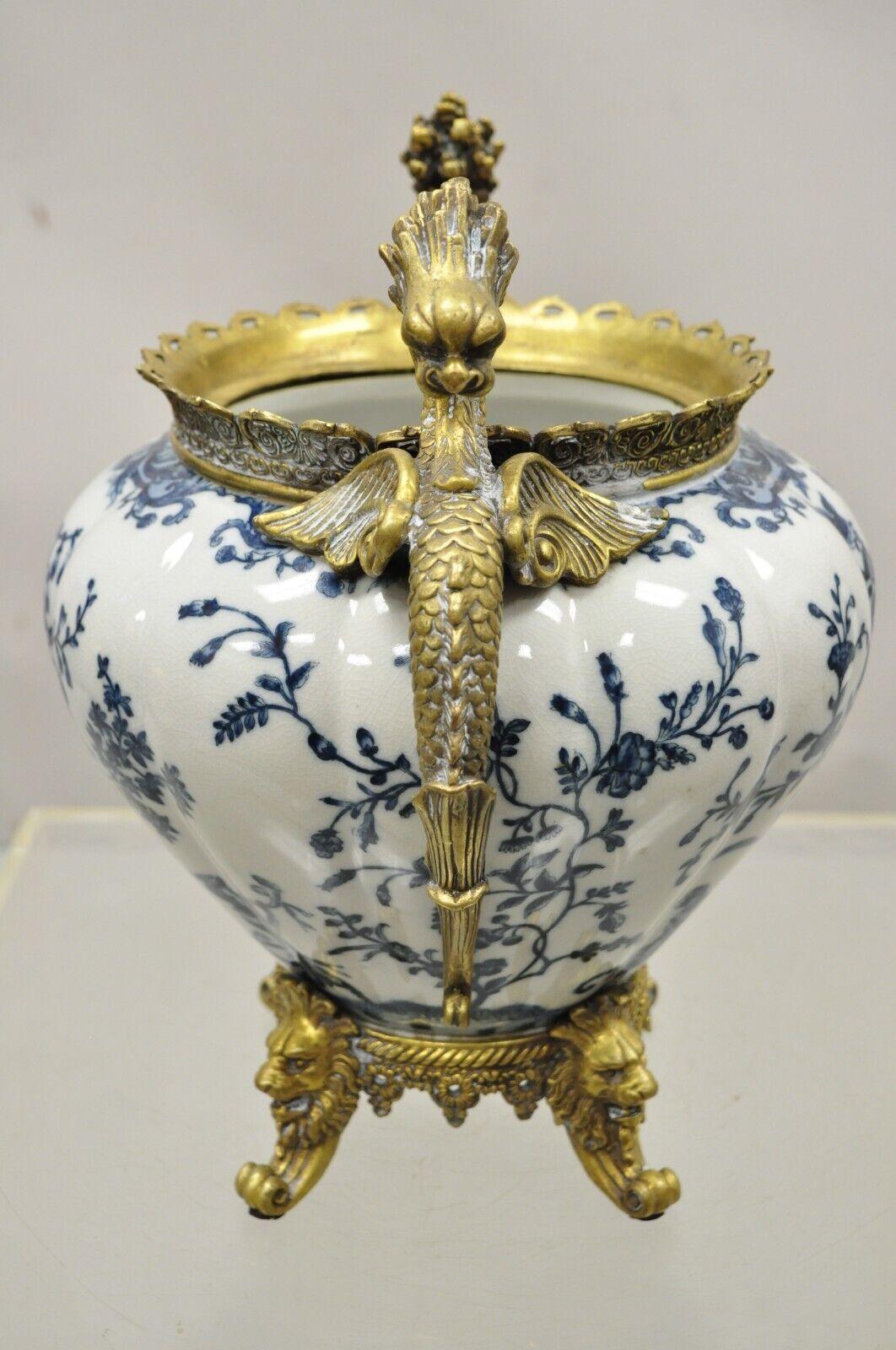 French Renaissance Style Blue and White Porcelain Planter Bronze Griffins Lions 3