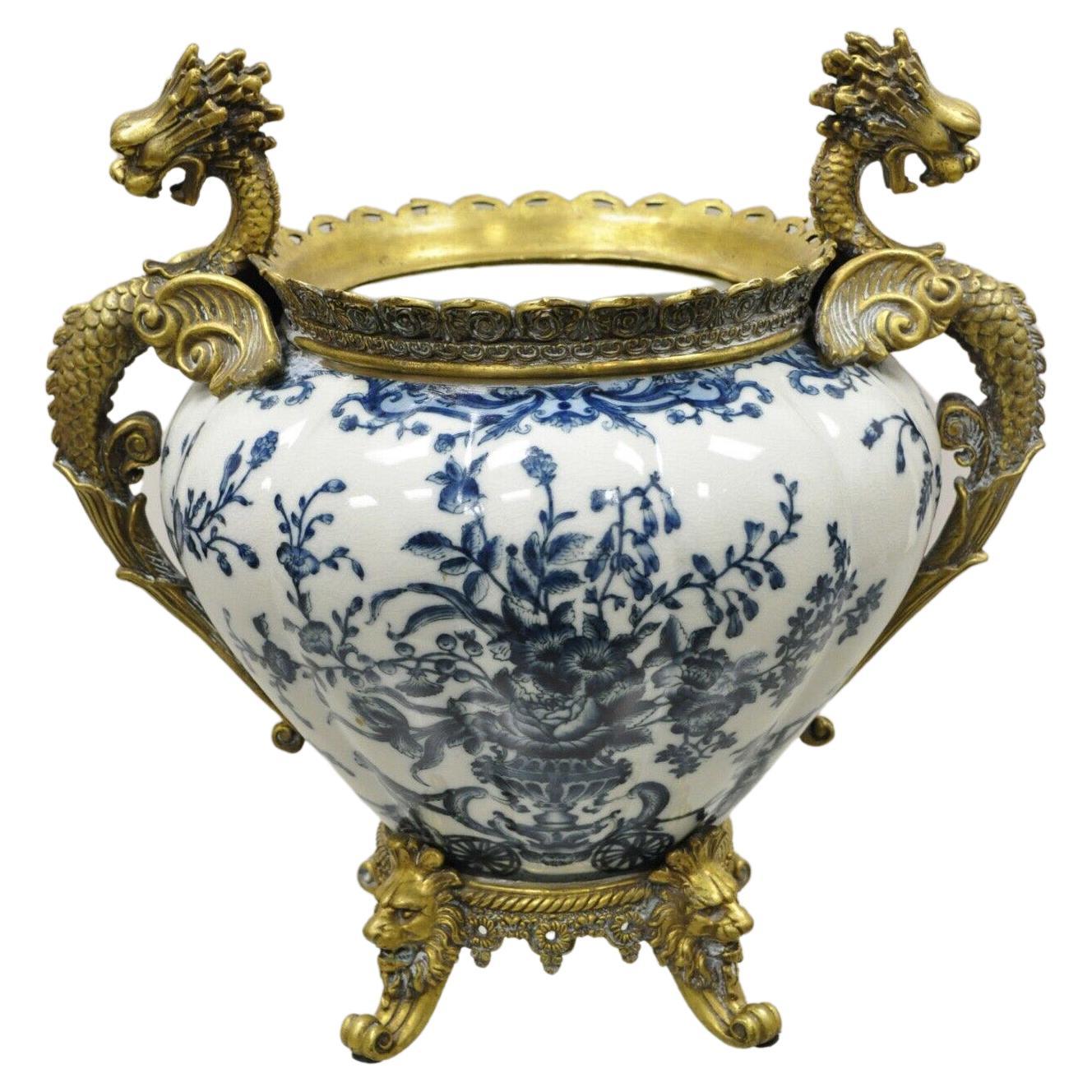 French Renaissance Style Blue and White Porcelain Planter Bronze Griffins Lions