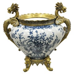 Retro French Renaissance Style Blue and White Porcelain Planter Bronze Griffins Lions