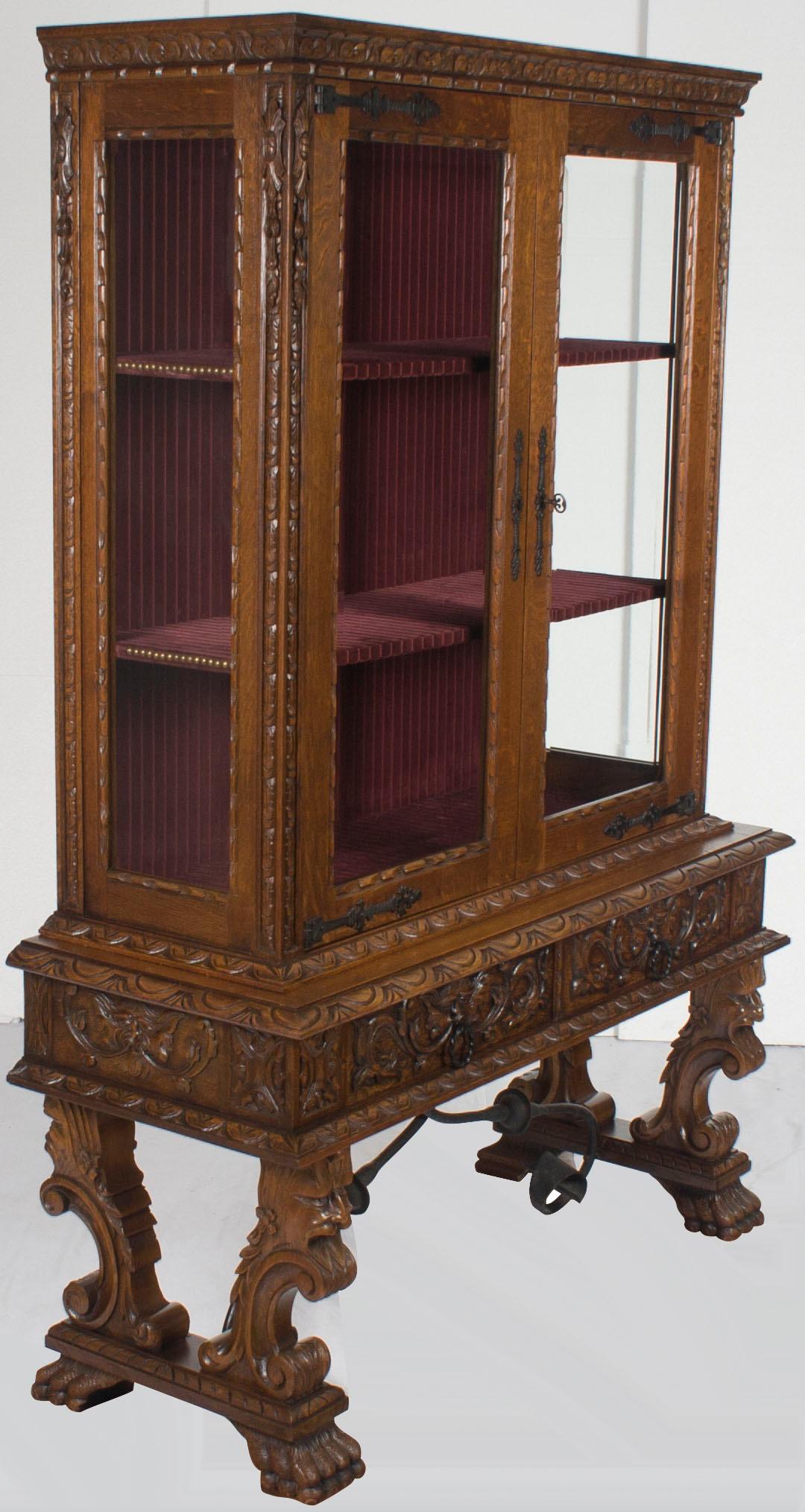 Hand-Carved French Renaissance Style Carved Oak Vitrine Breakfront China Cabinet For Sale