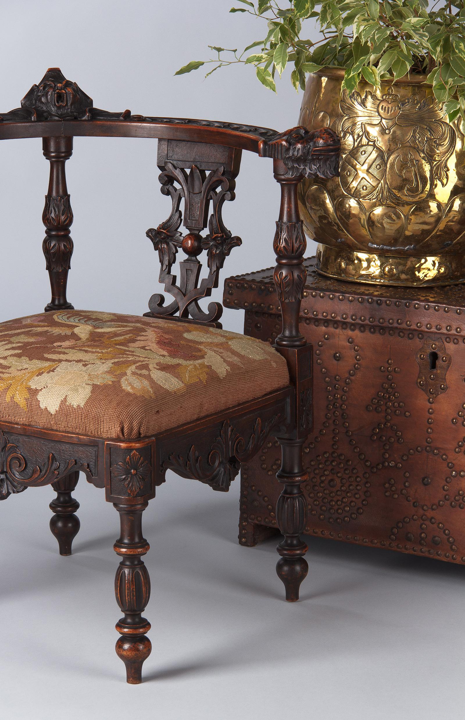 French Renaissance Style Carved Walnut Corner Armchair, Late 1800s 5