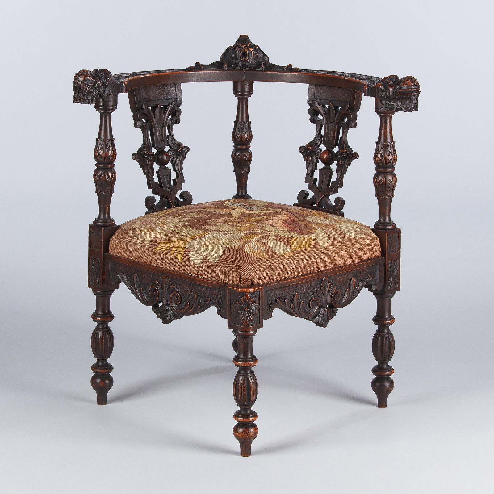 French Renaissance Style Carved Walnut Corner Armchair, Late 1800s 8