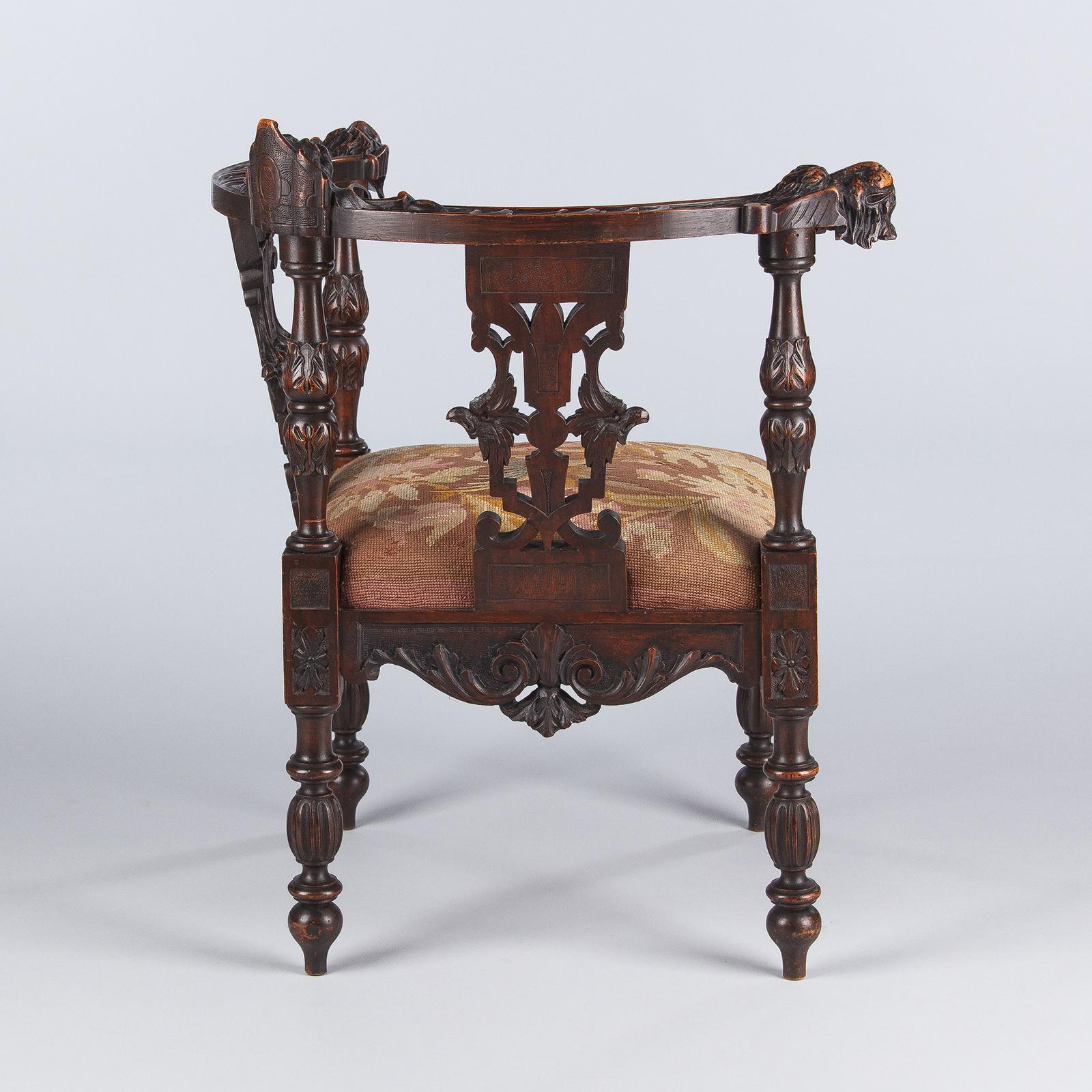 French Renaissance Style Carved Walnut Corner Armchair, Late 1800s 9