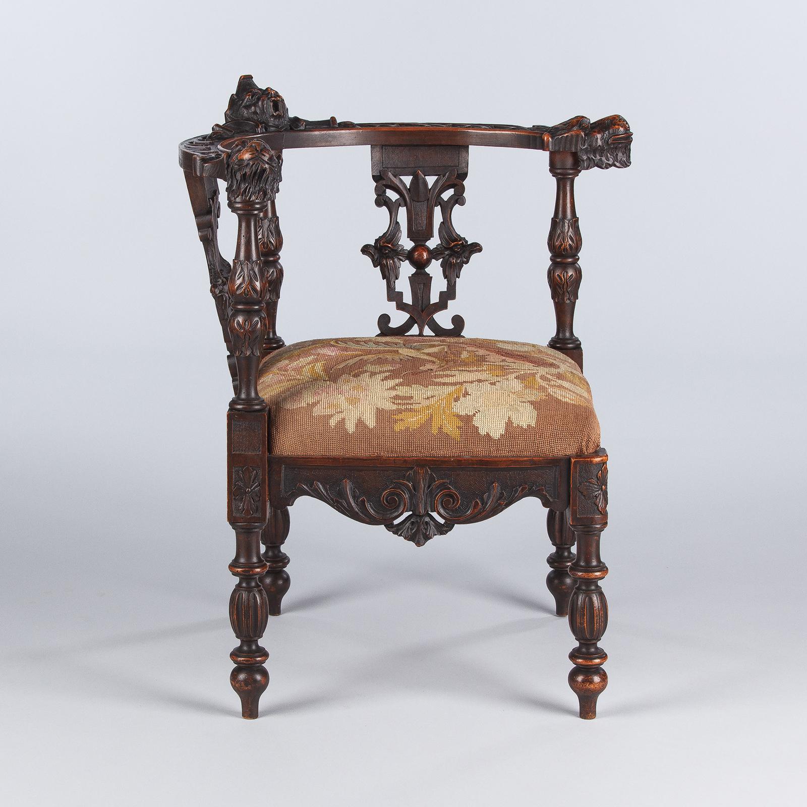 French Renaissance Style Carved Walnut Corner Armchair, Late 1800s 10