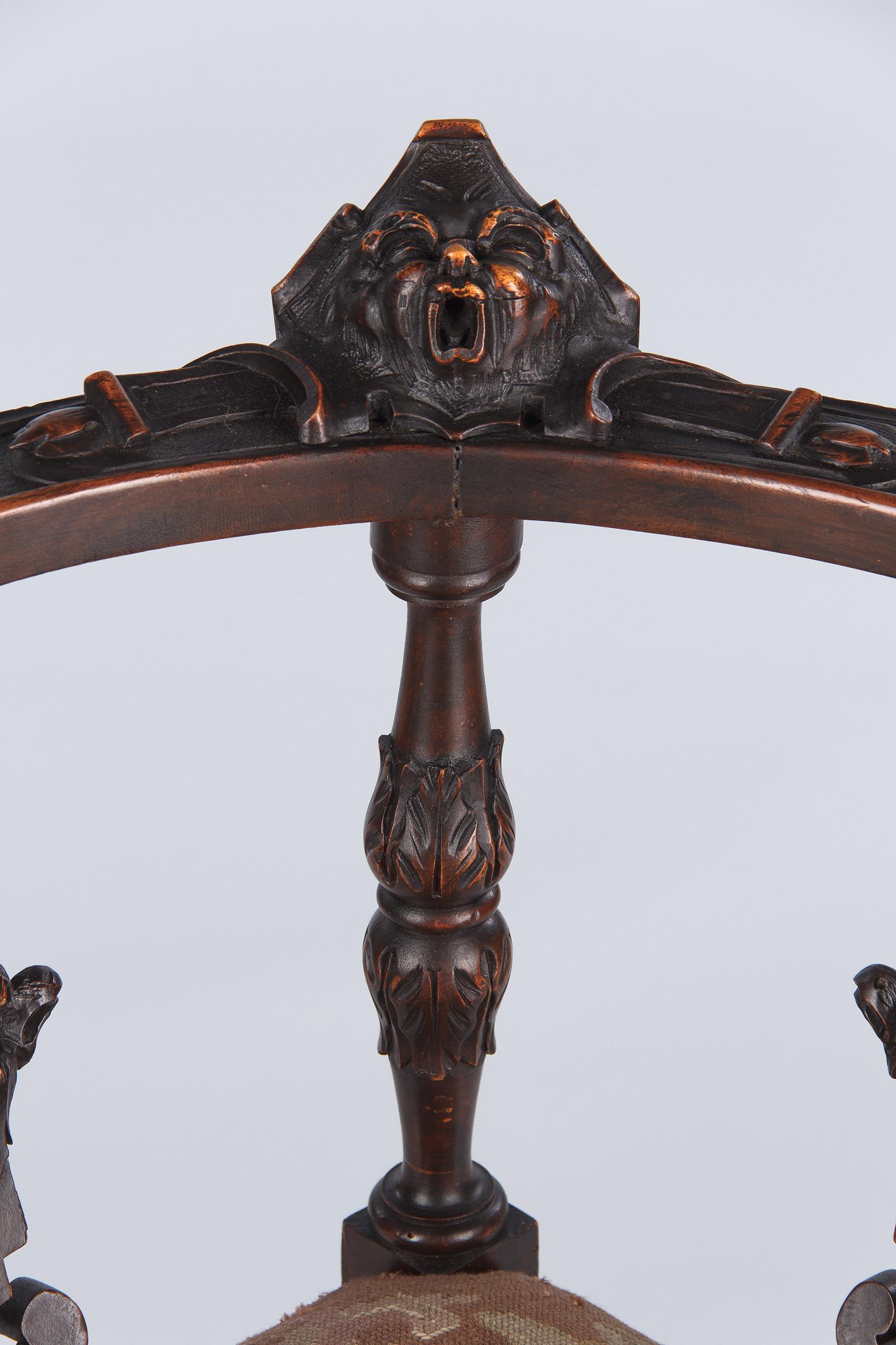 French Renaissance Style Carved Walnut Corner Armchair, Late 1800s 12