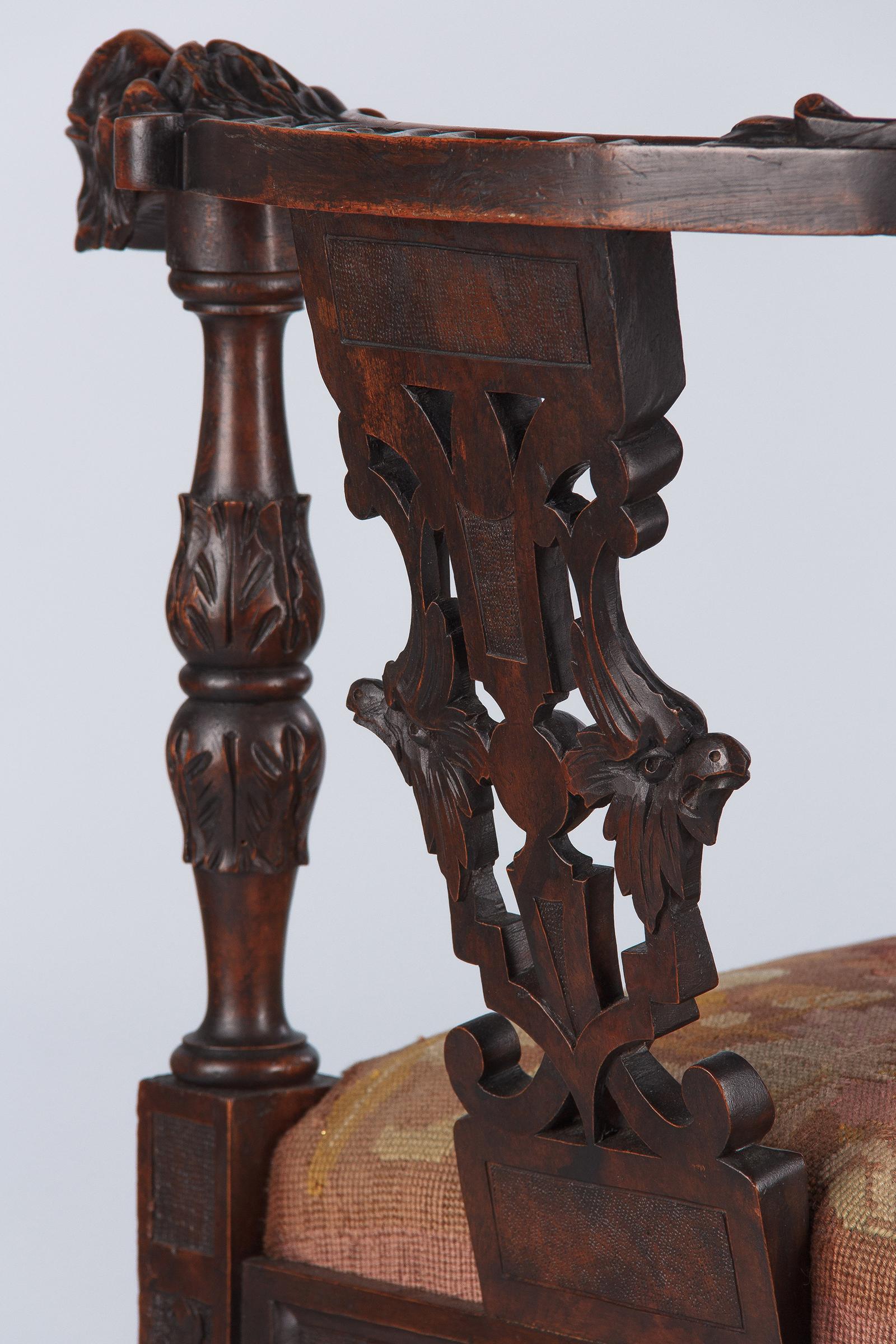 French Renaissance Style Carved Walnut Corner Armchair, Late 1800s 13