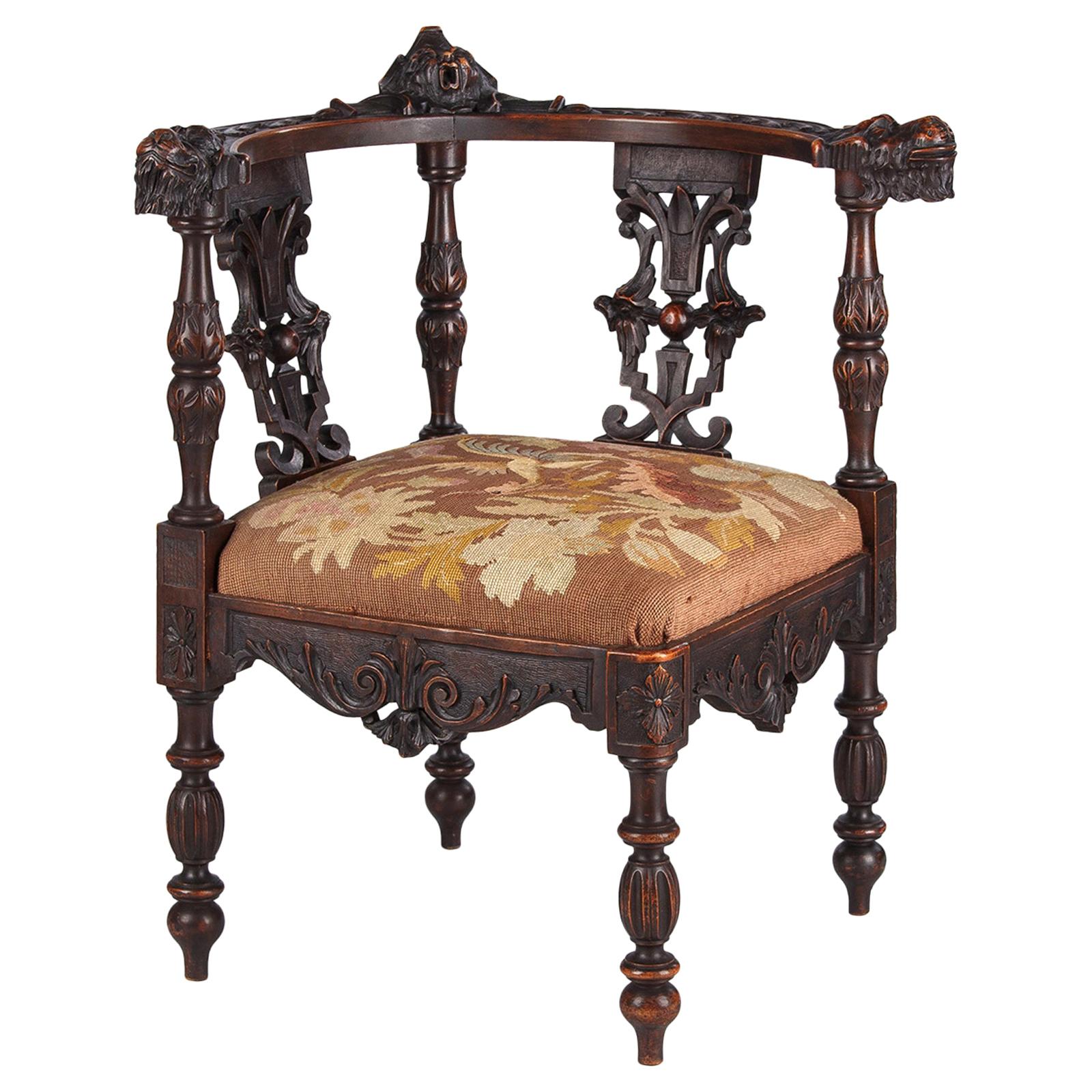 French Renaissance Style Carved Walnut Corner Armchair, Late 1800s